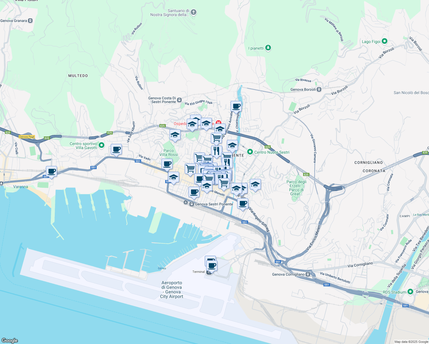 map of restaurants, bars, coffee shops, grocery stores, and more near 1 Via Girolamo di Santo Stefano in Genova
