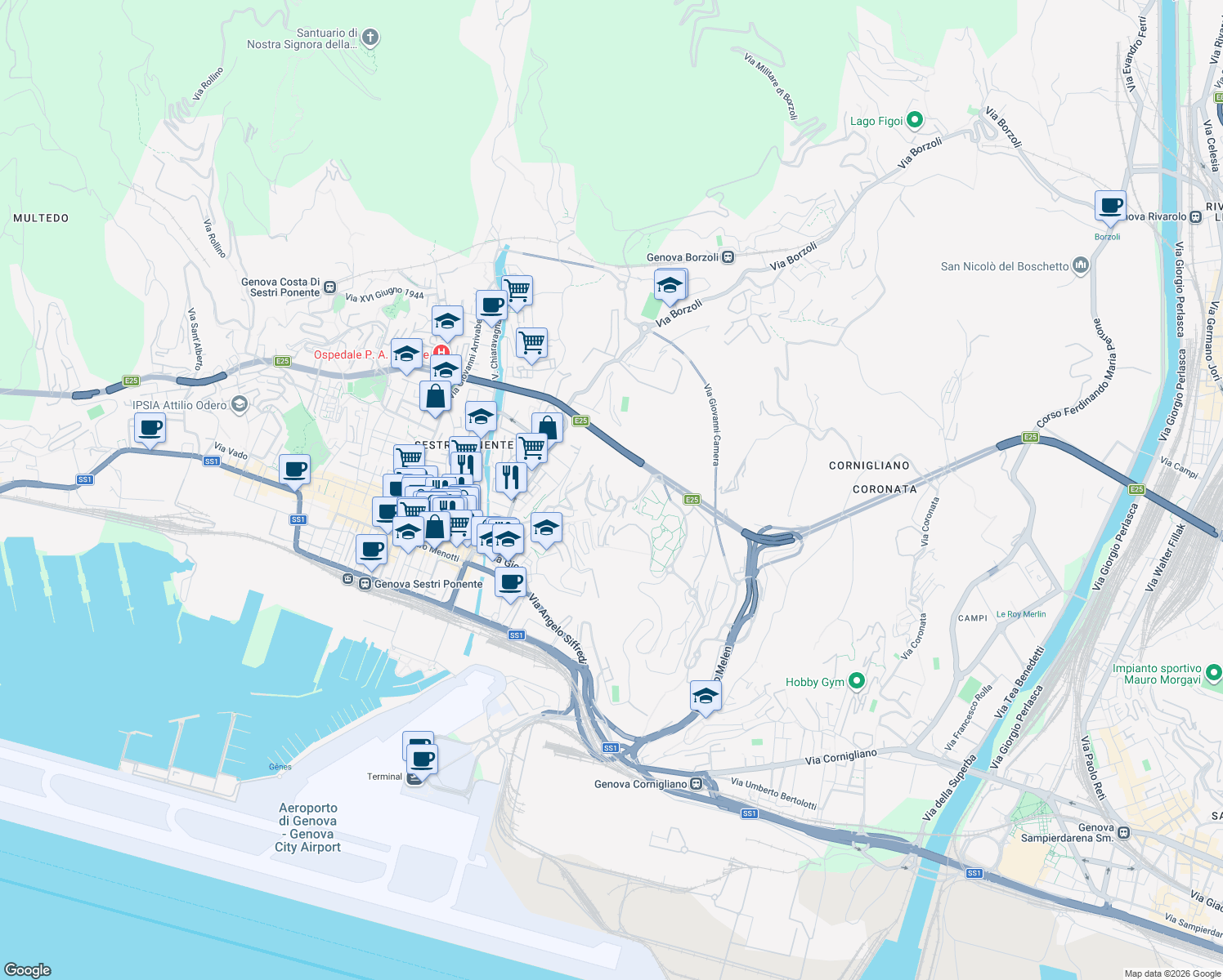 map of restaurants, bars, coffee shops, grocery stores, and more near 138 Via Antonio Sant'Elia in Genoa