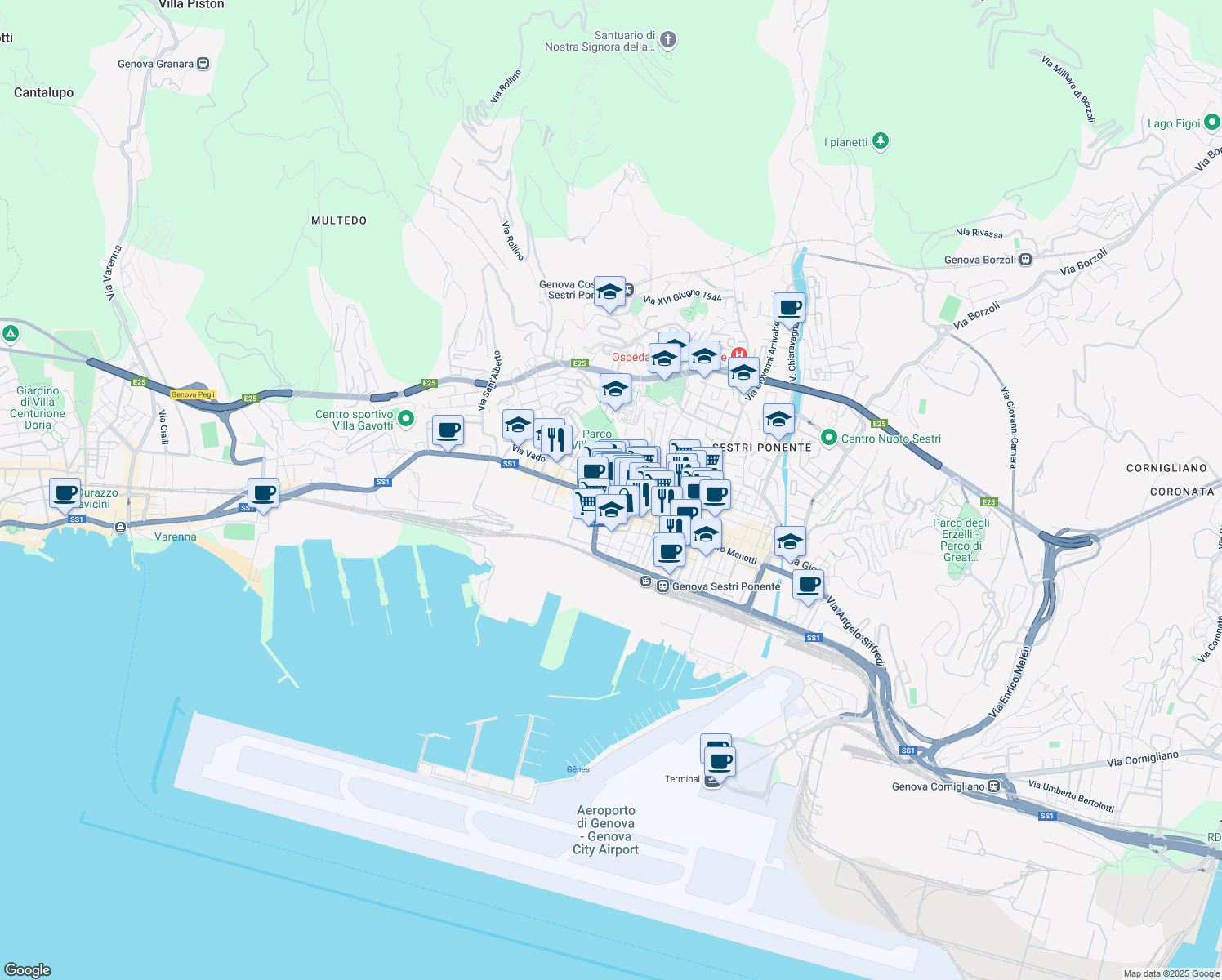 map of restaurants, bars, coffee shops, grocery stores, and more near 5 Piazza Albertina in Genova