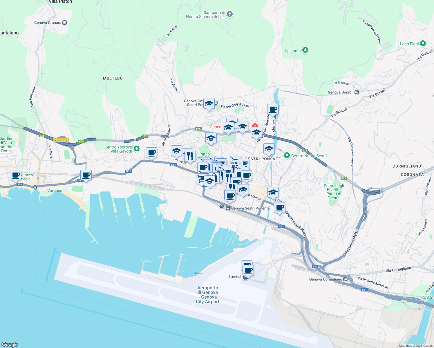 map of restaurants, bars, coffee shops, grocery stores, and more near 62 Via Sestri in Genoa