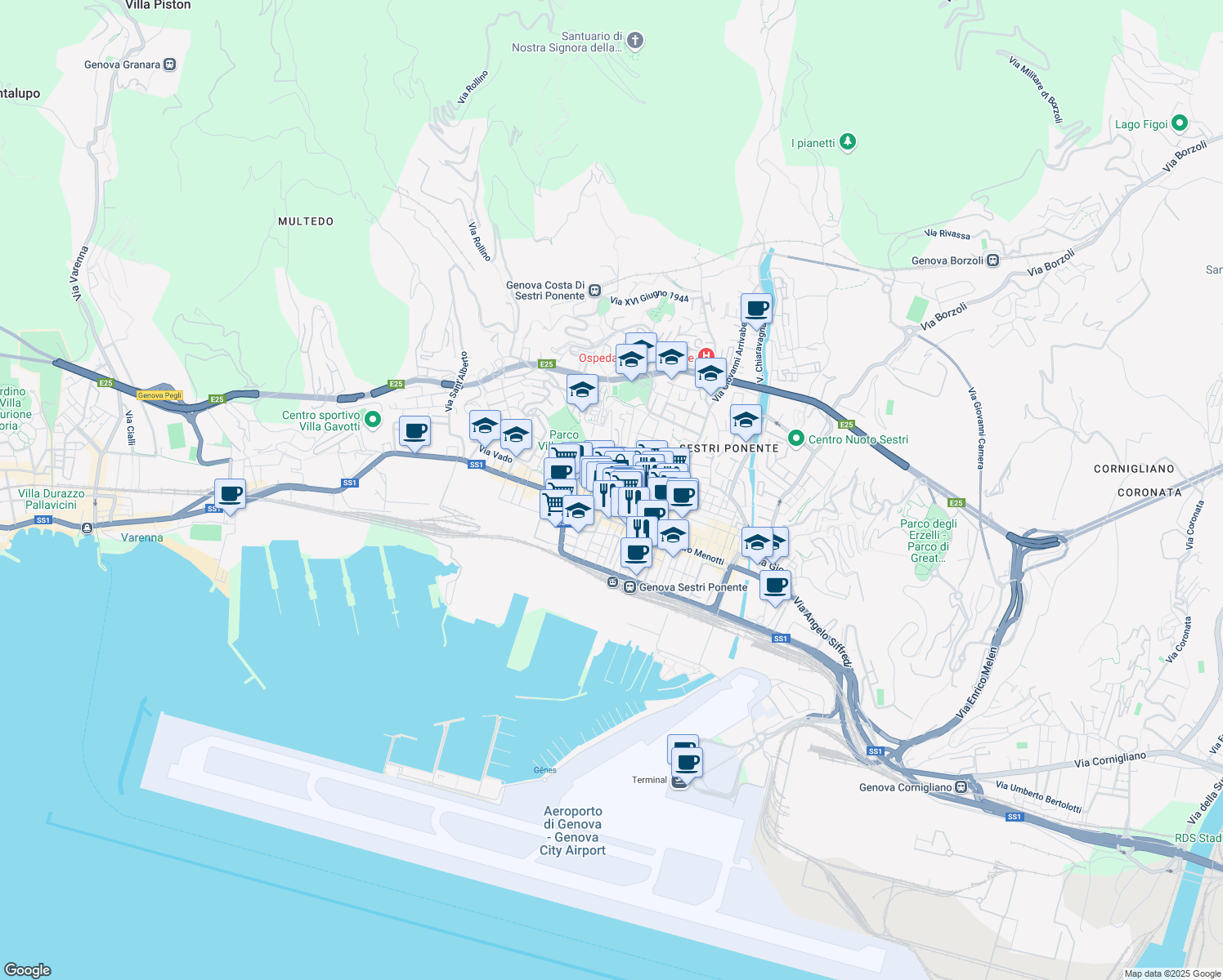 map of restaurants, bars, coffee shops, grocery stores, and more near 81 Via Alfredo D'Andrade in Genova