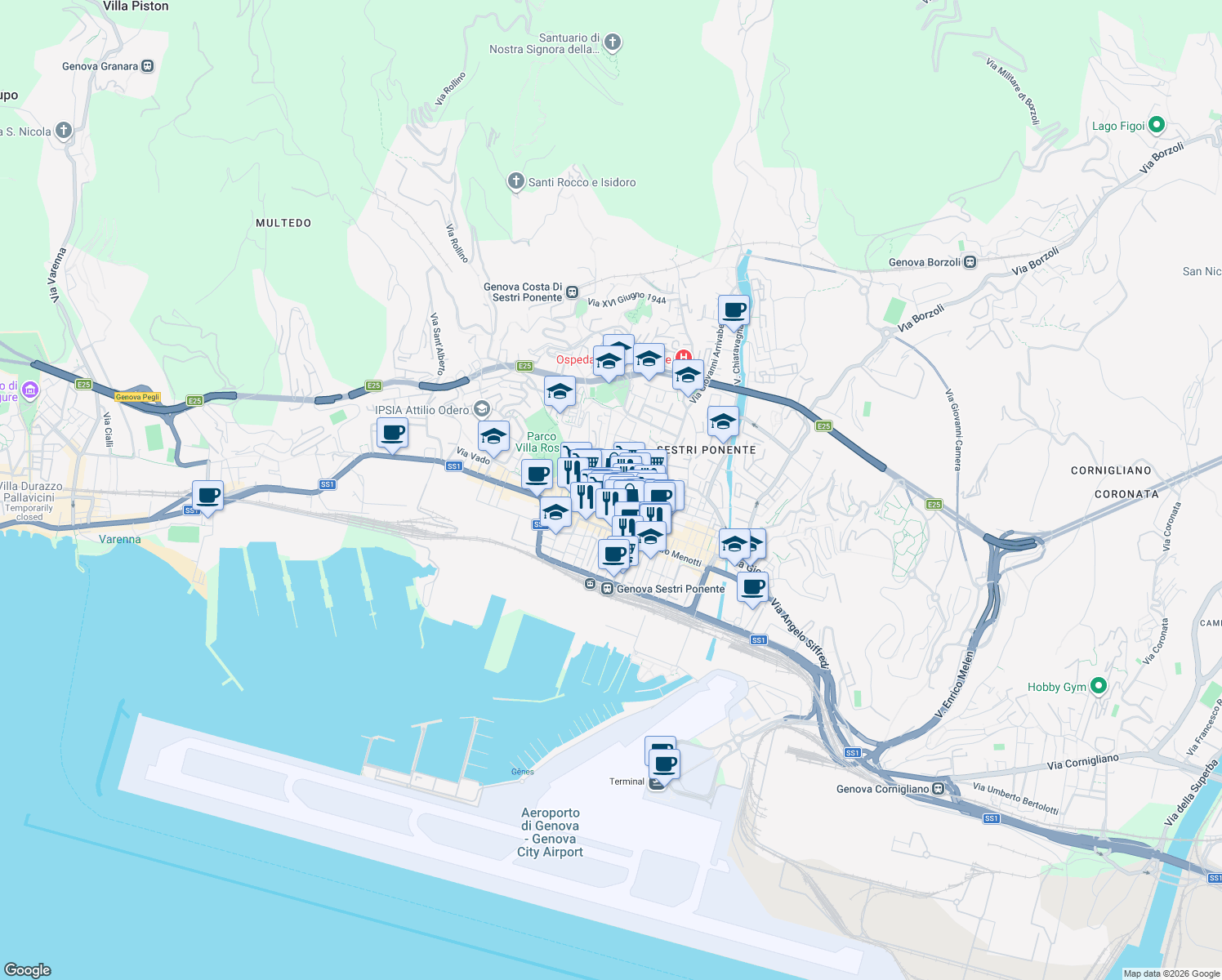 map of restaurants, bars, coffee shops, grocery stores, and more near 5 Via Chiappori in Genoa