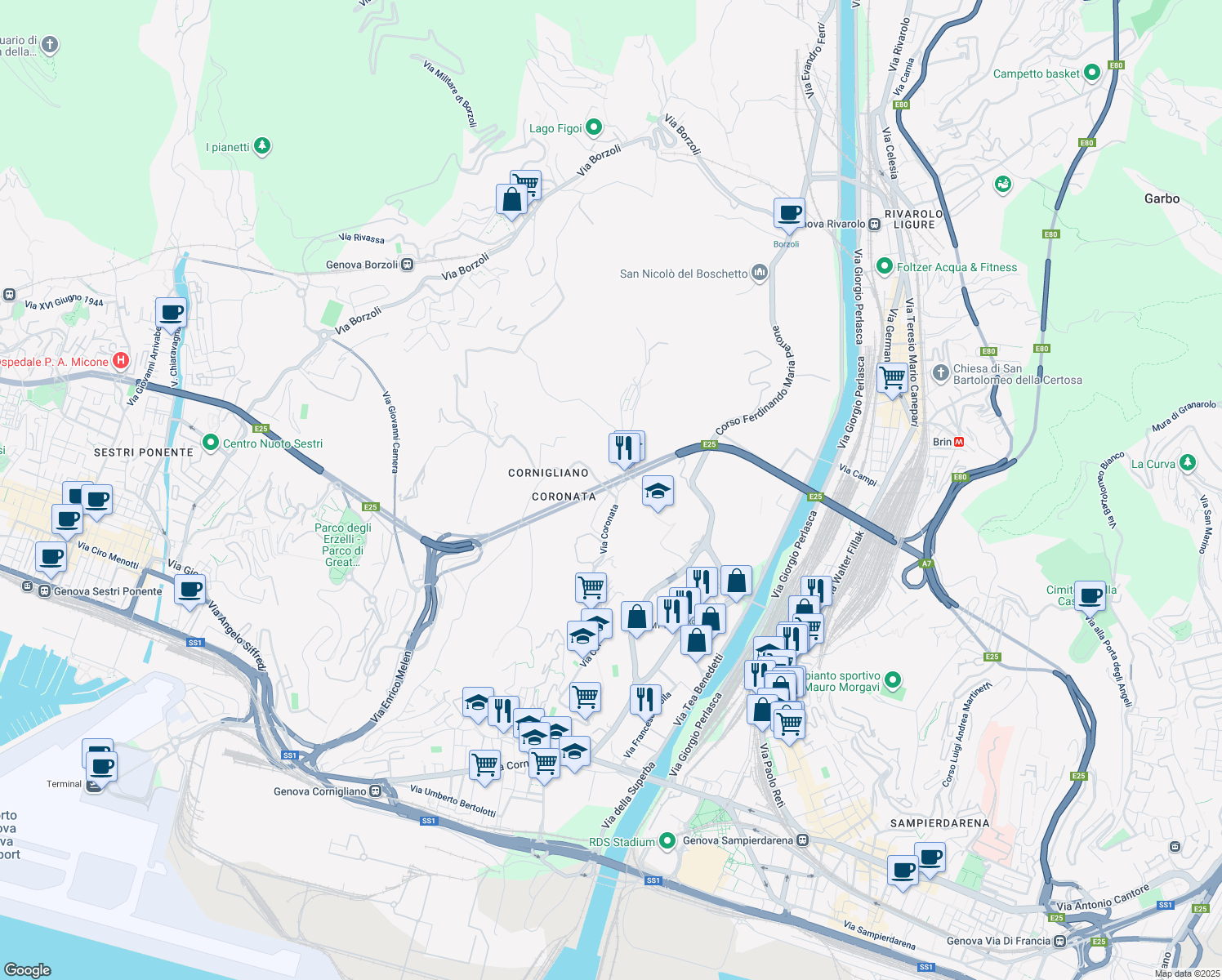 map of restaurants, bars, coffee shops, grocery stores, and more near 4A Via Ospedale di San Raffaele in Genova