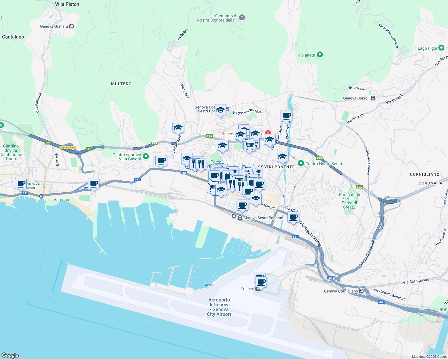 map of restaurants, bars, coffee shops, grocery stores, and more near 5 Piazza Albertina in Genova