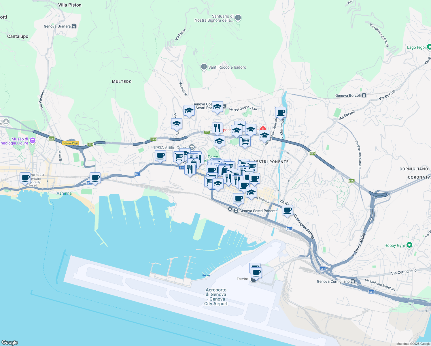 map of restaurants, bars, coffee shops, grocery stores, and more near 27 Via Vado in Genova