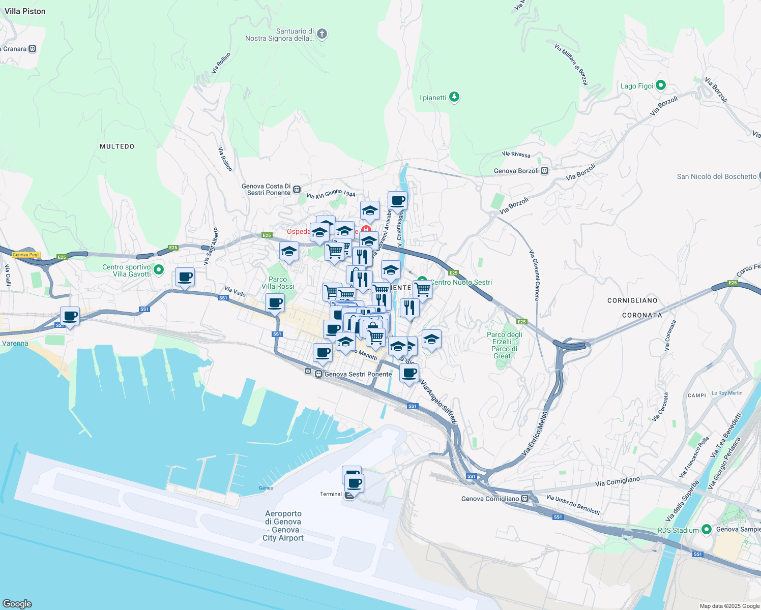 map of restaurants, bars, coffee shops, grocery stores, and more near in Genoa