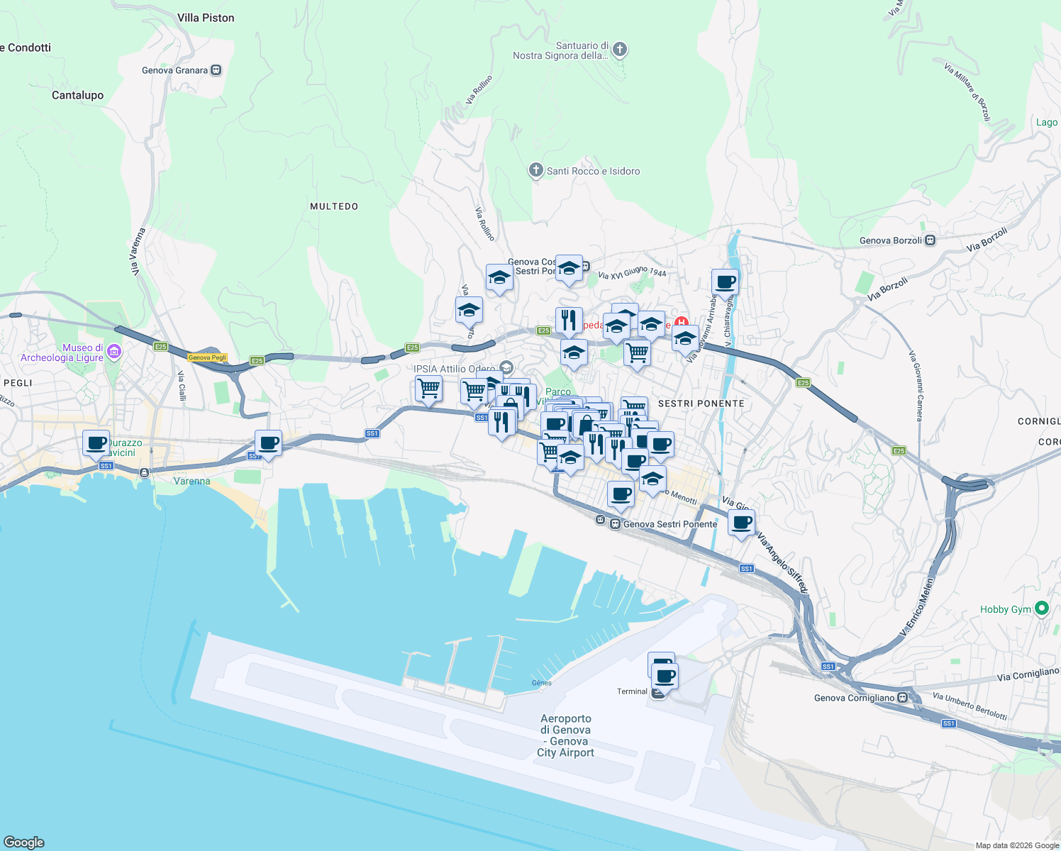 map of restaurants, bars, coffee shops, grocery stores, and more near 27 Via Vado in Genova
