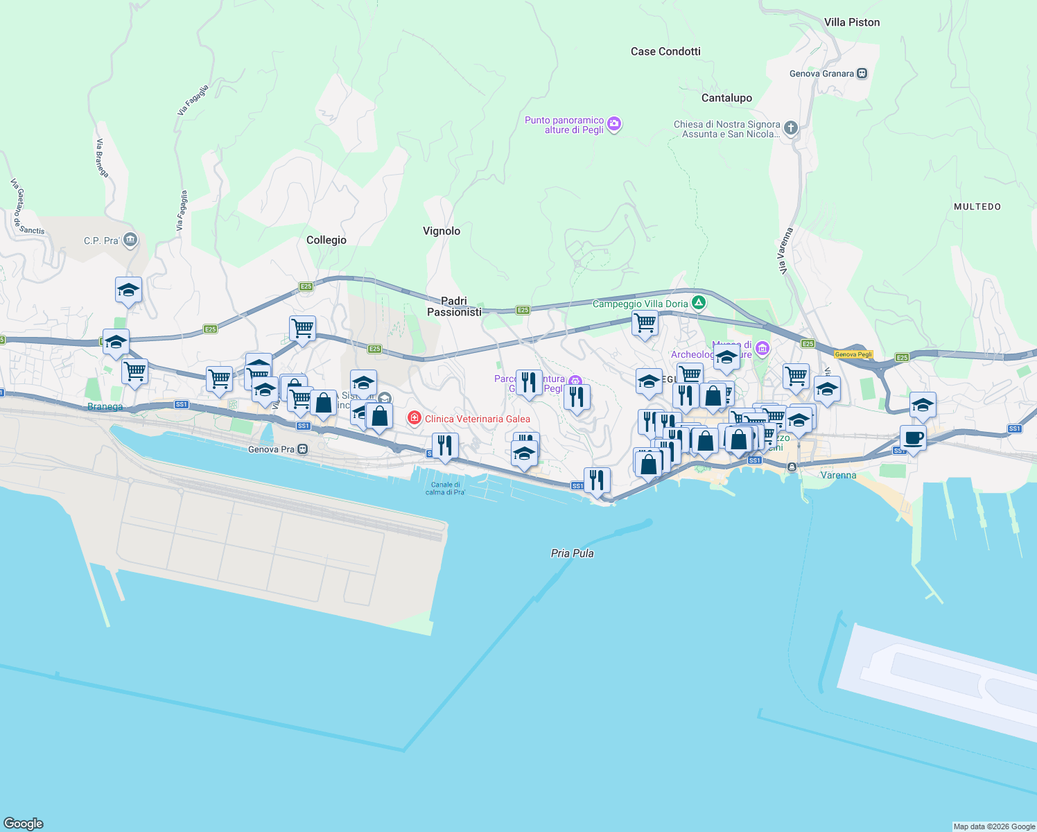 map of restaurants, bars, coffee shops, grocery stores, and more near 28 Via Gavino Antonio in Genova