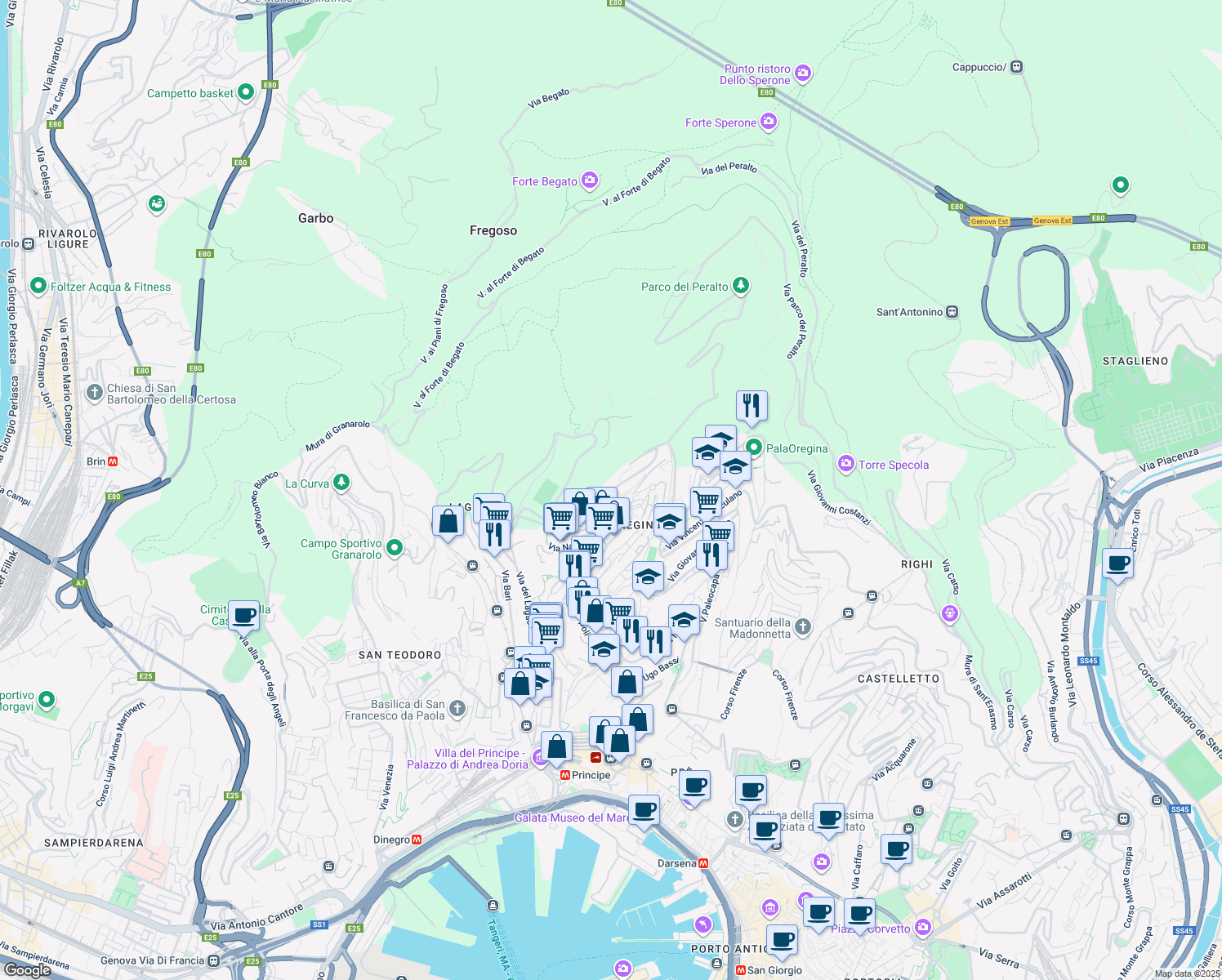 map of restaurants, bars, coffee shops, grocery stores, and more near 45 Via Vesuvio in Genova