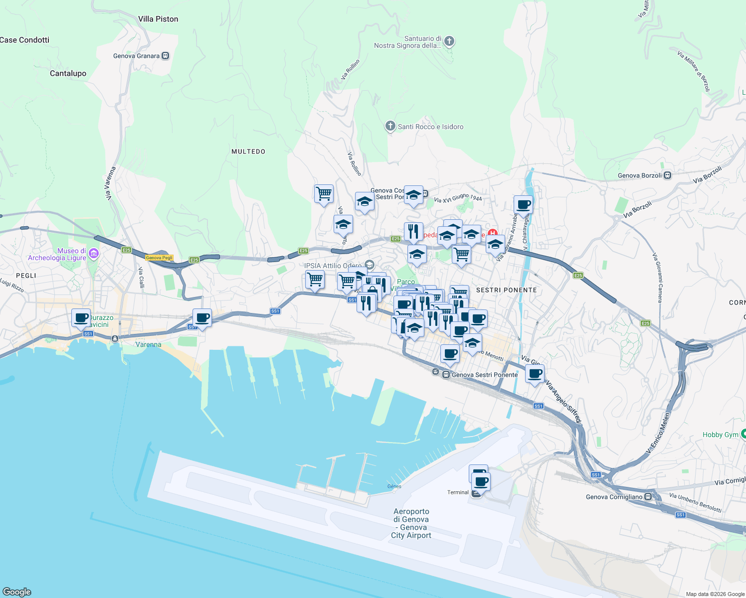 map of restaurants, bars, coffee shops, grocery stores, and more near 54 Via Merano in Genova