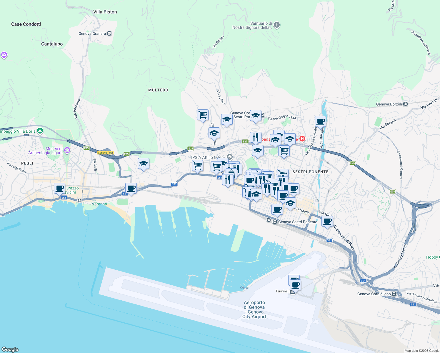 map of restaurants, bars, coffee shops, grocery stores, and more near 33 Via Merano in Genova