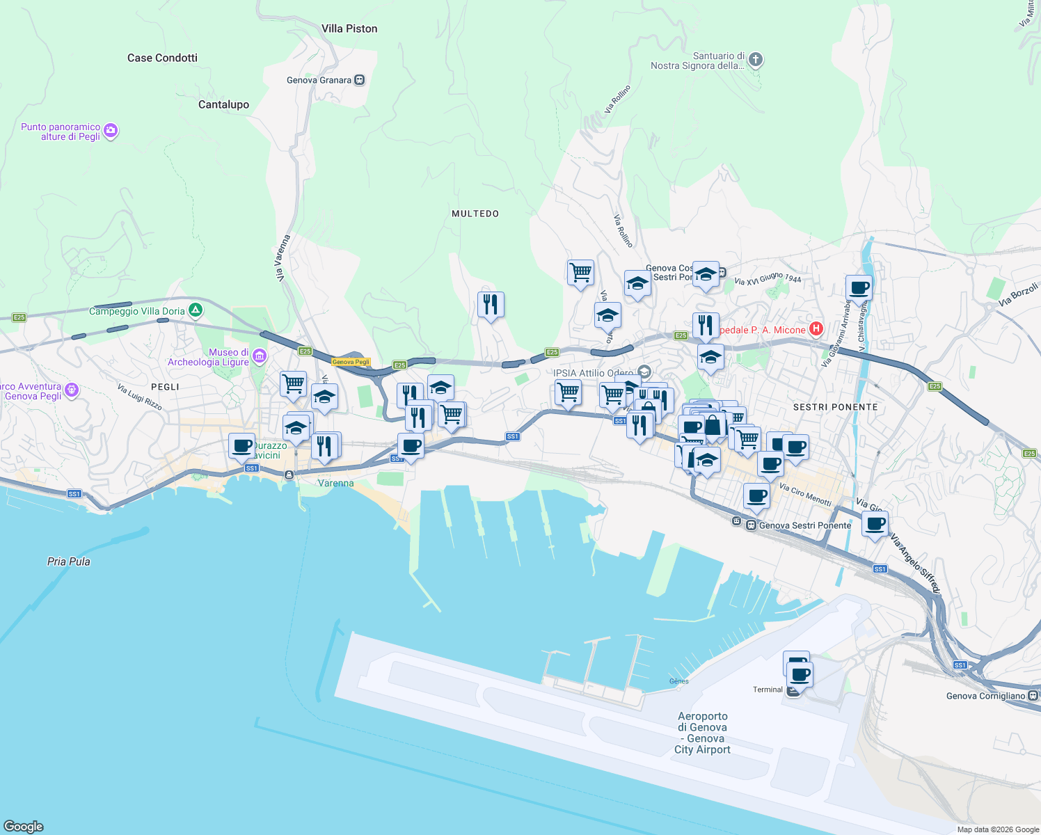 map of restaurants, bars, coffee shops, grocery stores, and more near 9 Via Castagnevizza in Genova