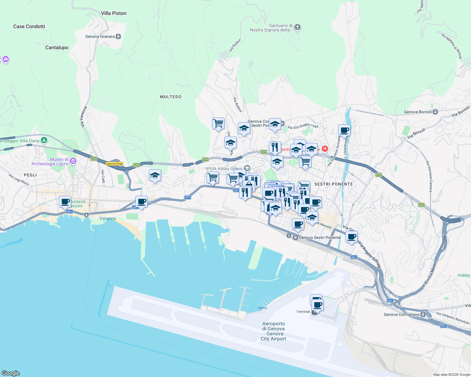 map of restaurants, bars, coffee shops, grocery stores, and more near 33 Via Merano in Genova