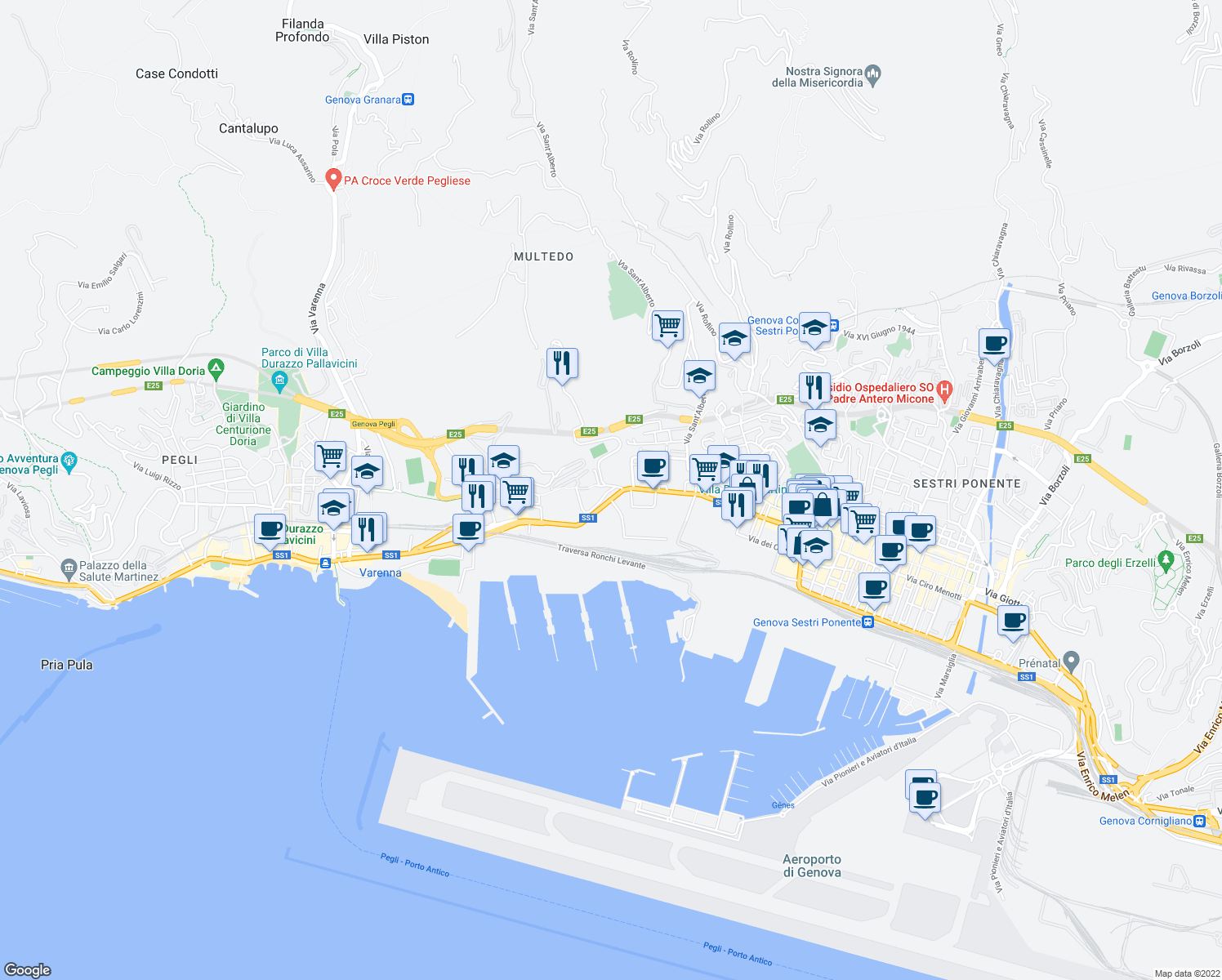 map of restaurants, bars, coffee shops, grocery stores, and more near 2 Via Castagnevizza in Genova