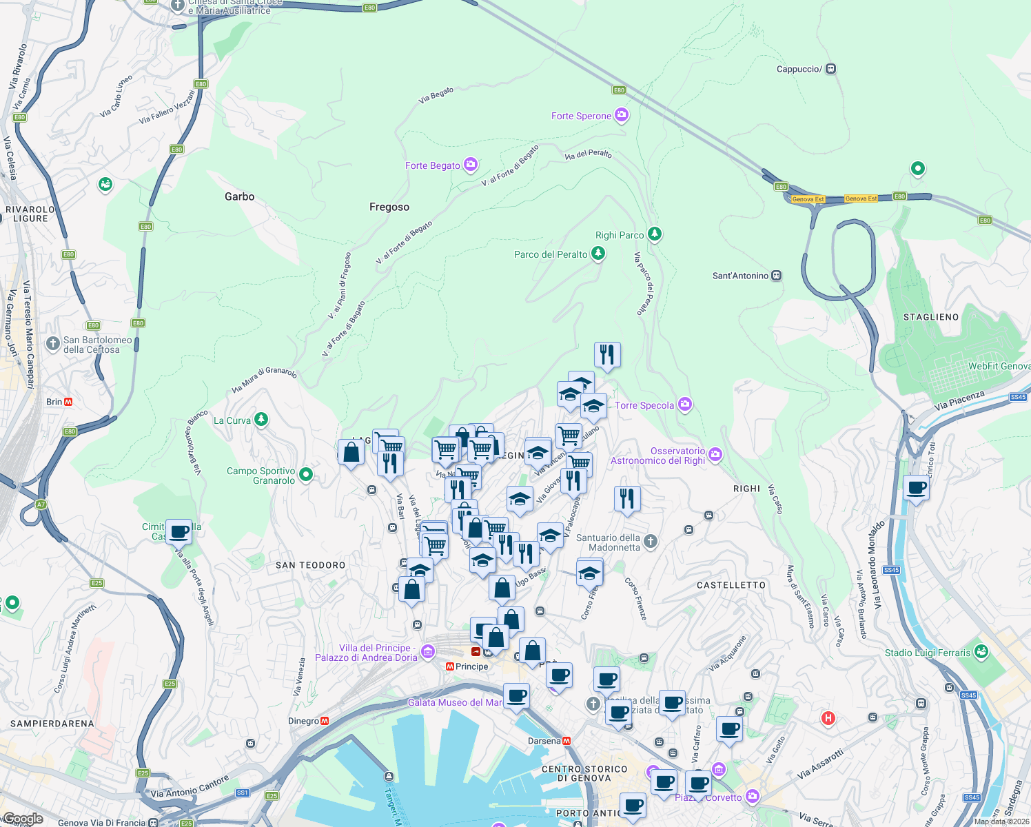 map of restaurants, bars, coffee shops, grocery stores, and more near 38 Via Vesuvio in Genoa