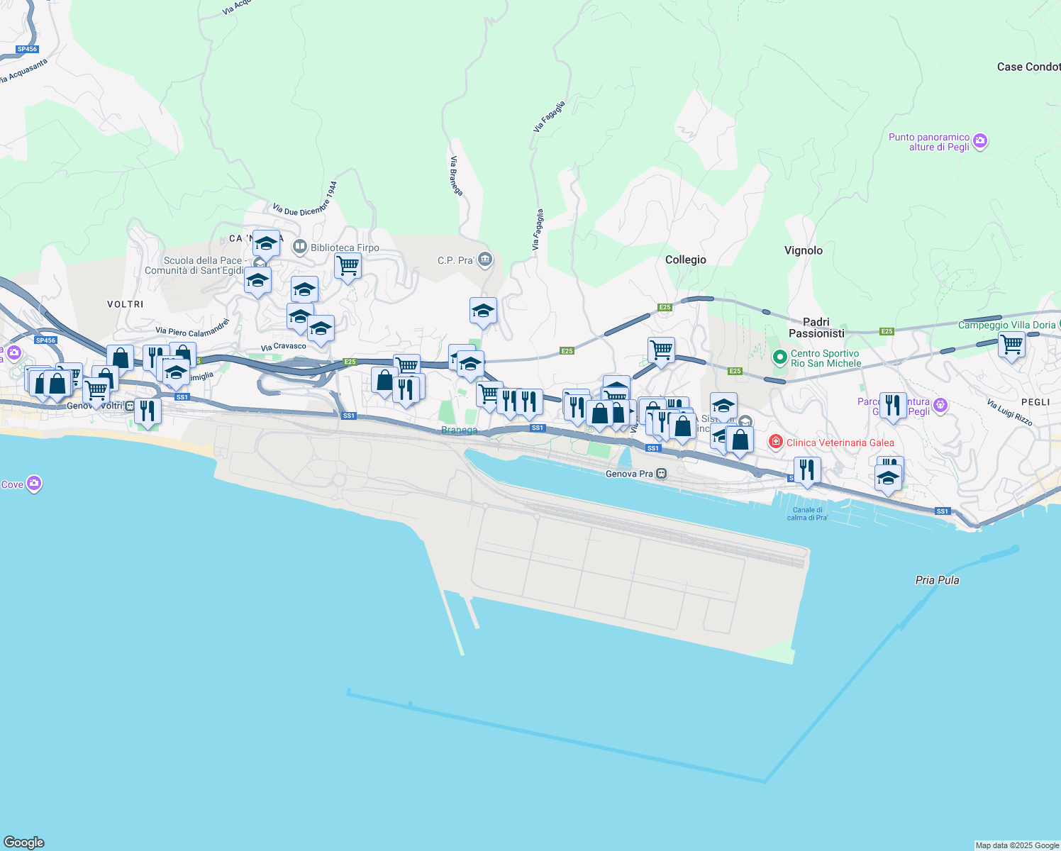 map of restaurants, bars, coffee shops, grocery stores, and more near in Genoa