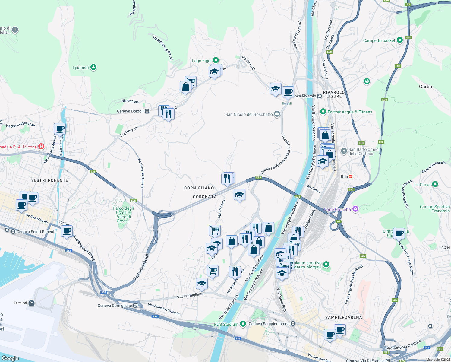 map of restaurants, bars, coffee shops, grocery stores, and more near 2 Via del Boschetto in Genova