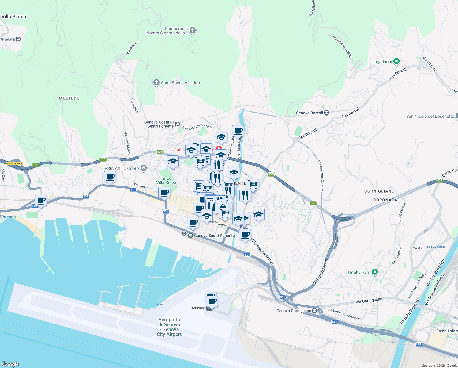 map of restaurants, bars, coffee shops, grocery stores, and more near in Genoa