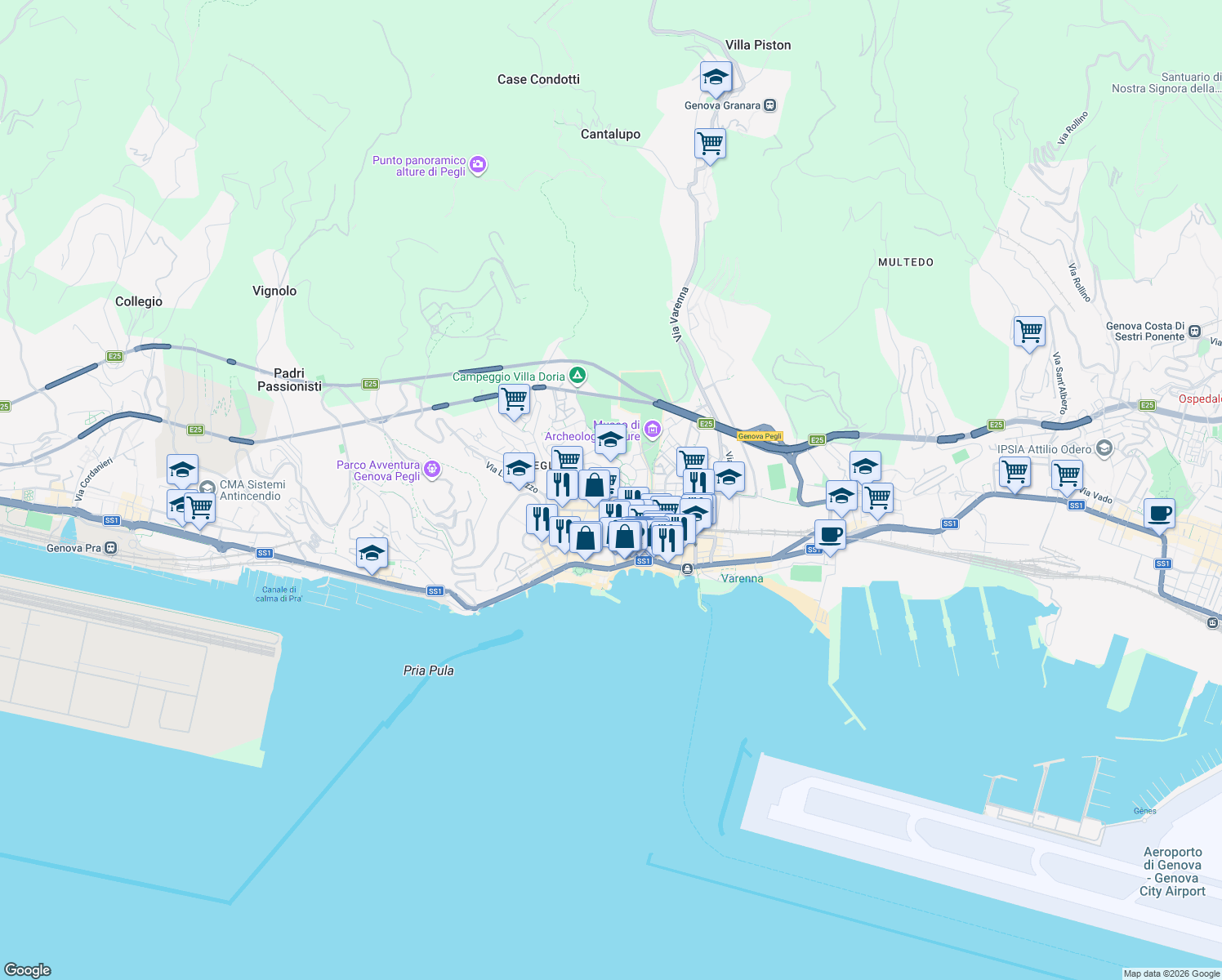 map of restaurants, bars, coffee shops, grocery stores, and more near Via Vincenzo Monti in Genoa