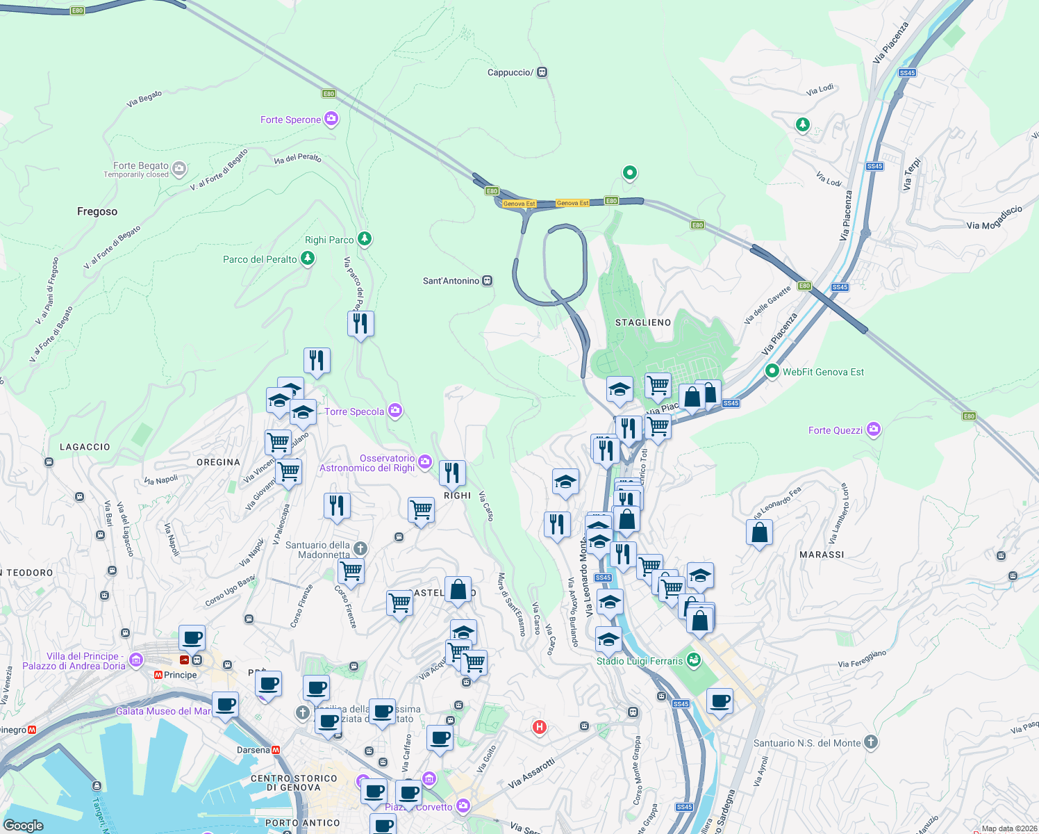 map of restaurants, bars, coffee shops, grocery stores, and more near 33 Via San Pantaleo in Genova