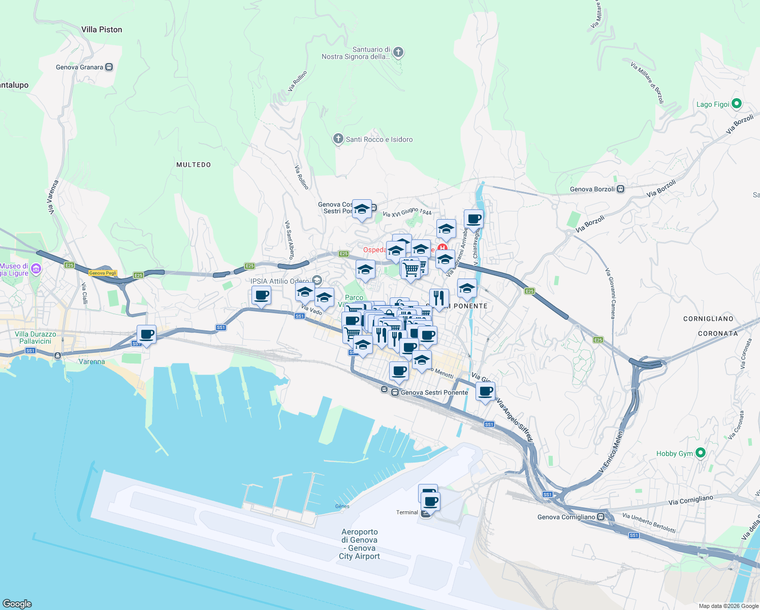 map of restaurants, bars, coffee shops, grocery stores, and more near Via Fabio da Persico in Genoa