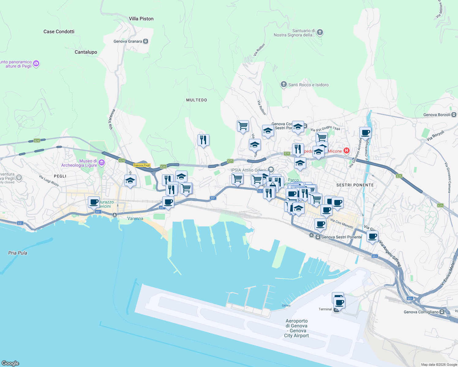 map of restaurants, bars, coffee shops, grocery stores, and more near 2 Via della Insurrezione 23 - 25 Aprile 1945 in Genoa