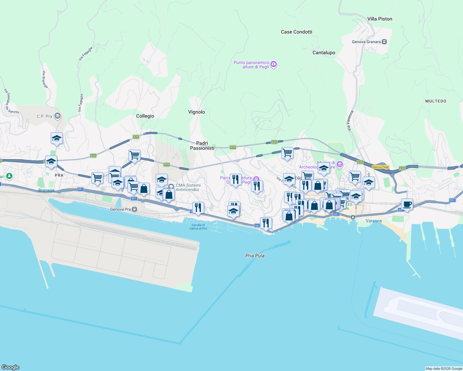 map of restaurants, bars, coffee shops, grocery stores, and more near 26 Via Laviosa in Genova
