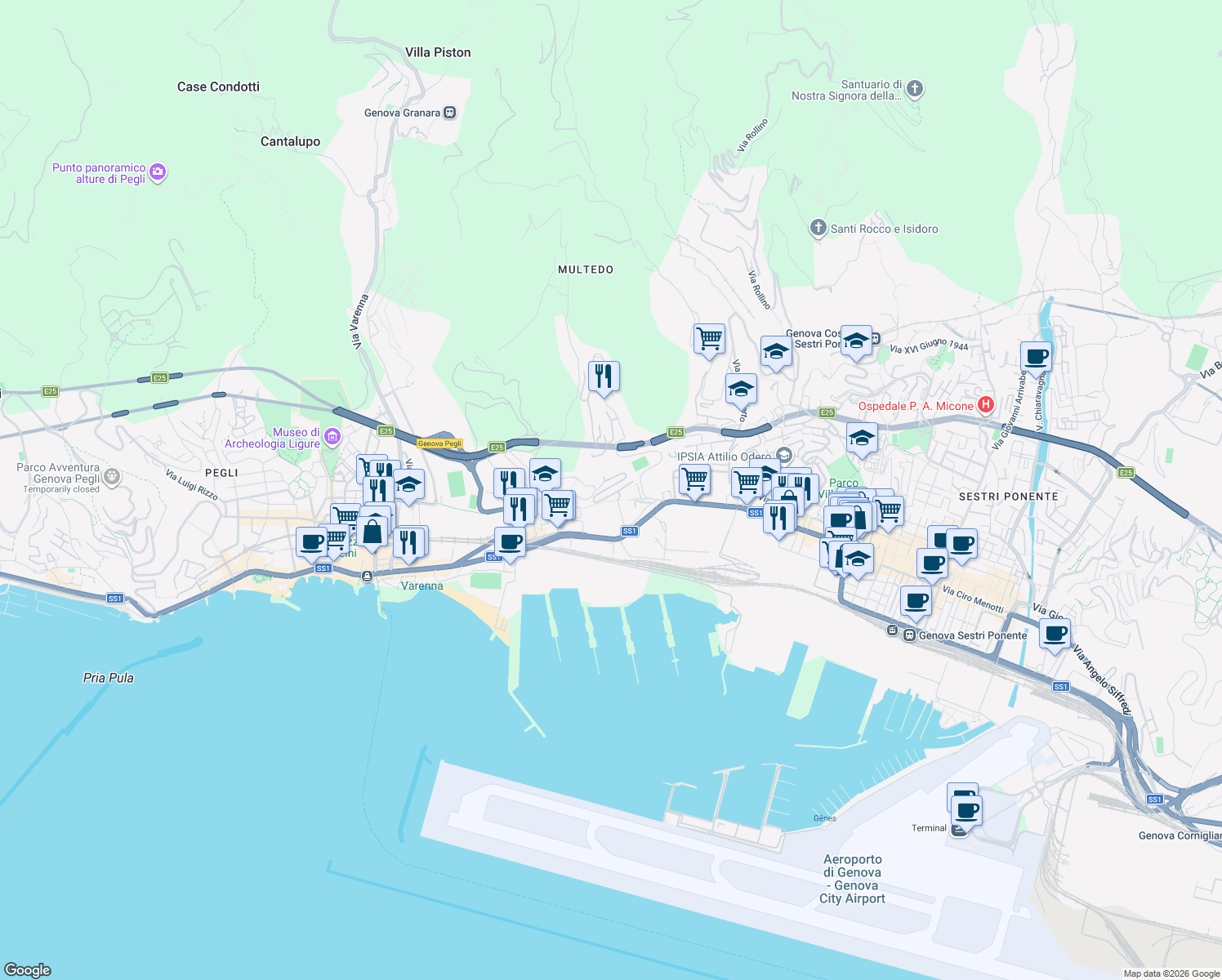 map of restaurants, bars, coffee shops, grocery stores, and more near 3 Via Alberto Picco in Genova
