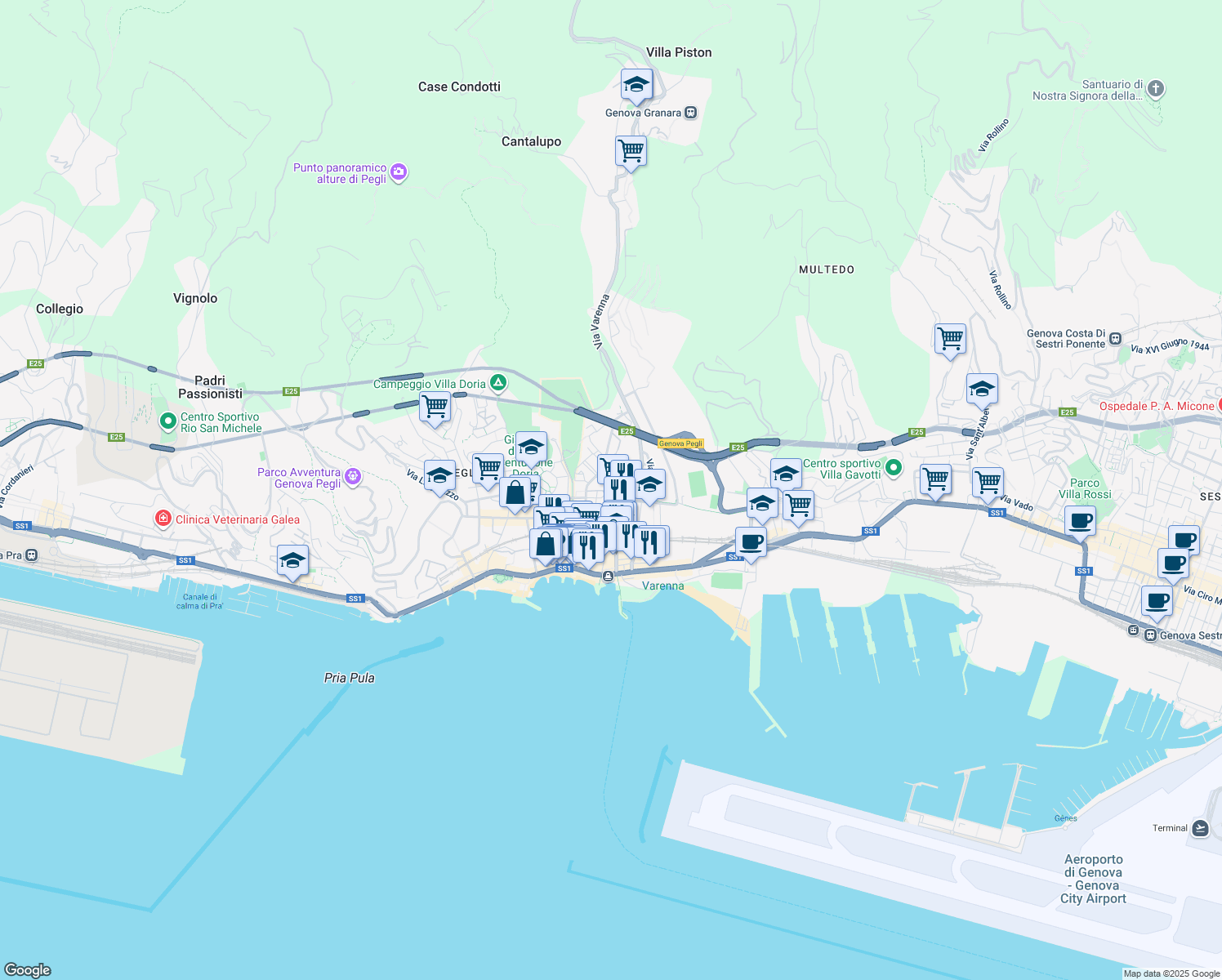 map of restaurants, bars, coffee shops, grocery stores, and more near Via Diciotto Fanciulli in Genova