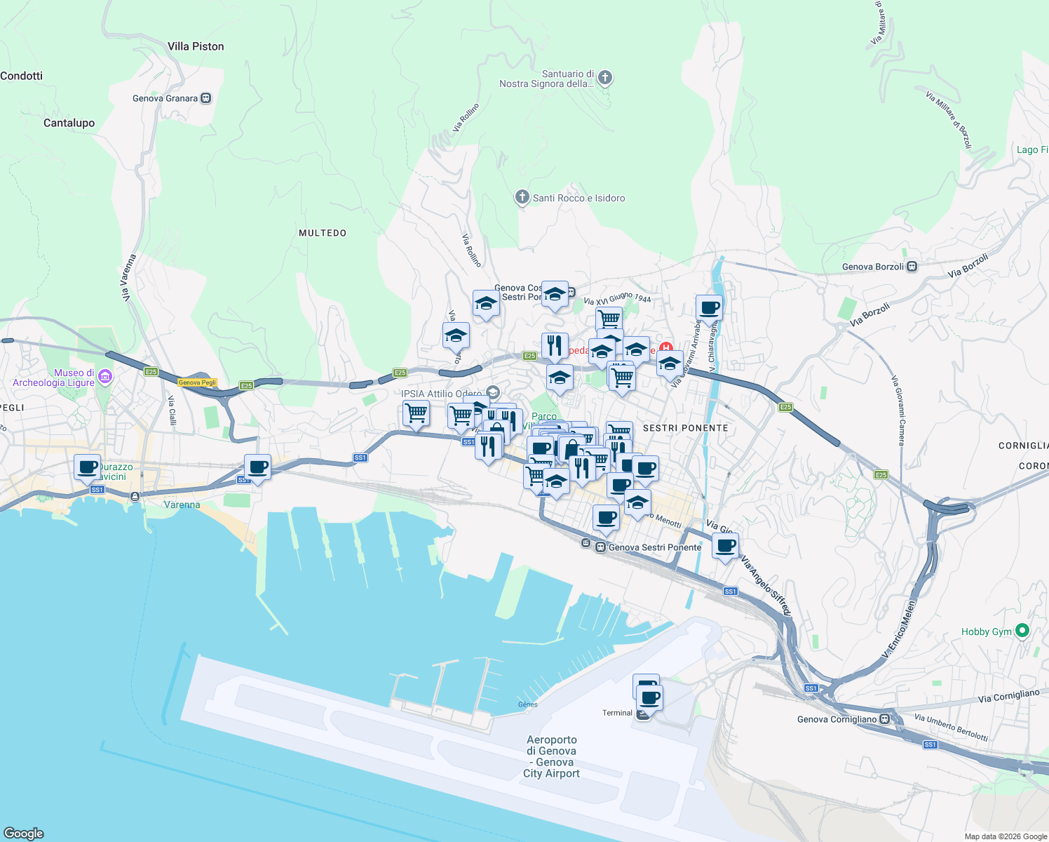 map of restaurants, bars, coffee shops, grocery stores, and more near 9 Via Antonio Manno in Genova