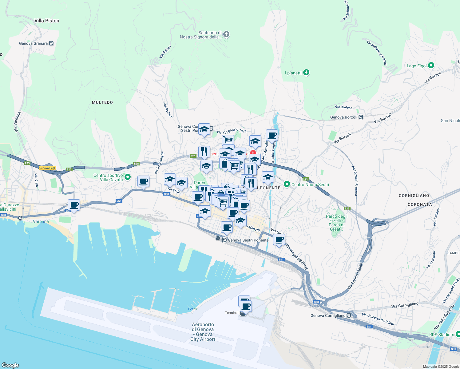 map of restaurants, bars, coffee shops, grocery stores, and more near 14 Via San Luigi in Genova