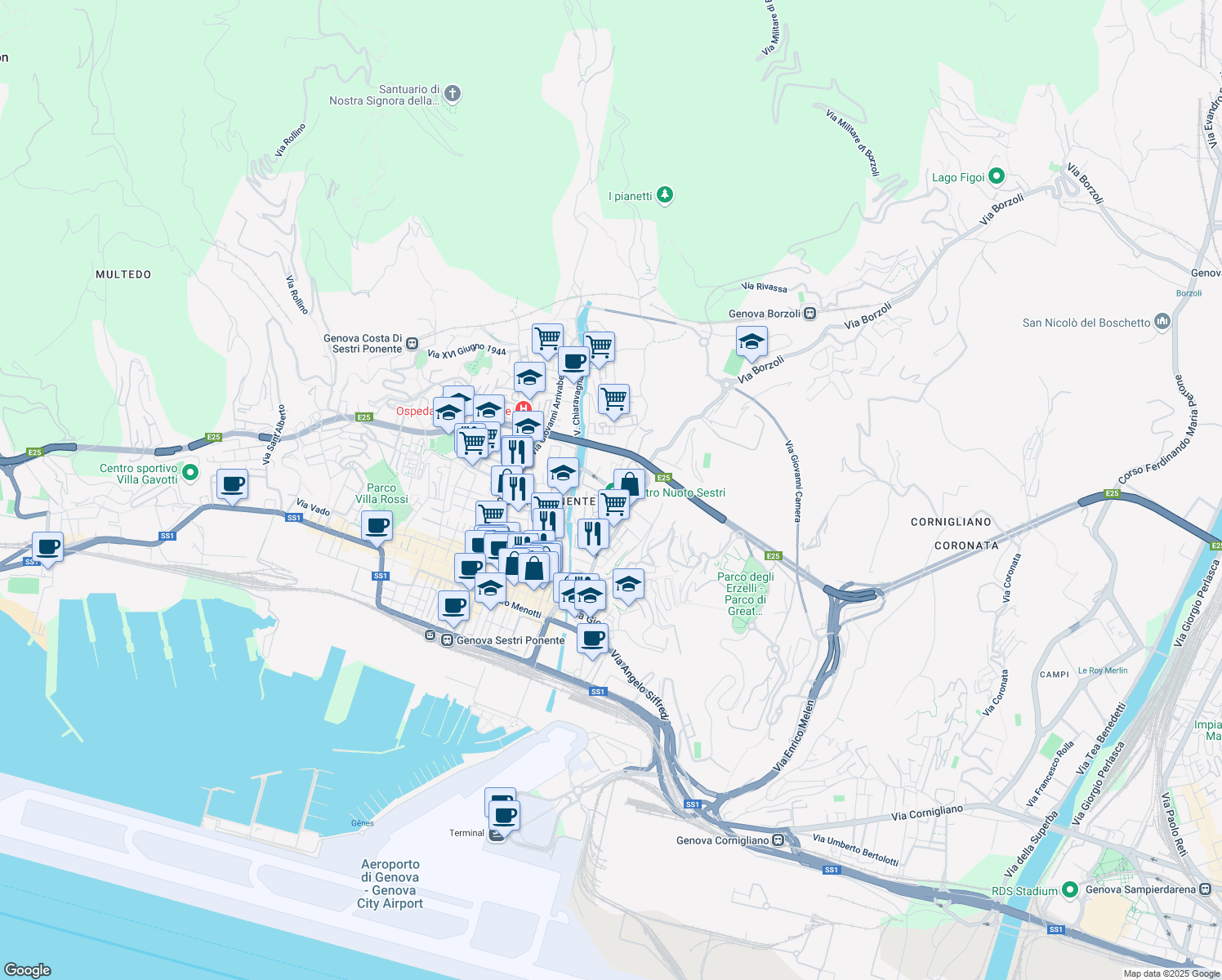 map of restaurants, bars, coffee shops, grocery stores, and more near 5 Via Pier Domenico da Bissone in Genoa