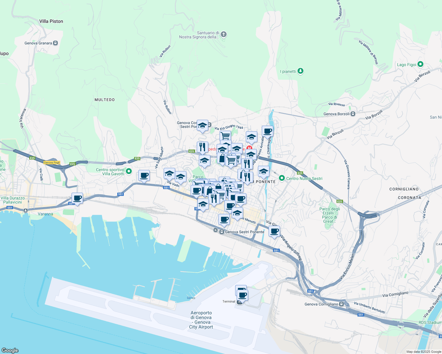 map of restaurants, bars, coffee shops, grocery stores, and more near 1a Via San Giovanni Battista in Genova