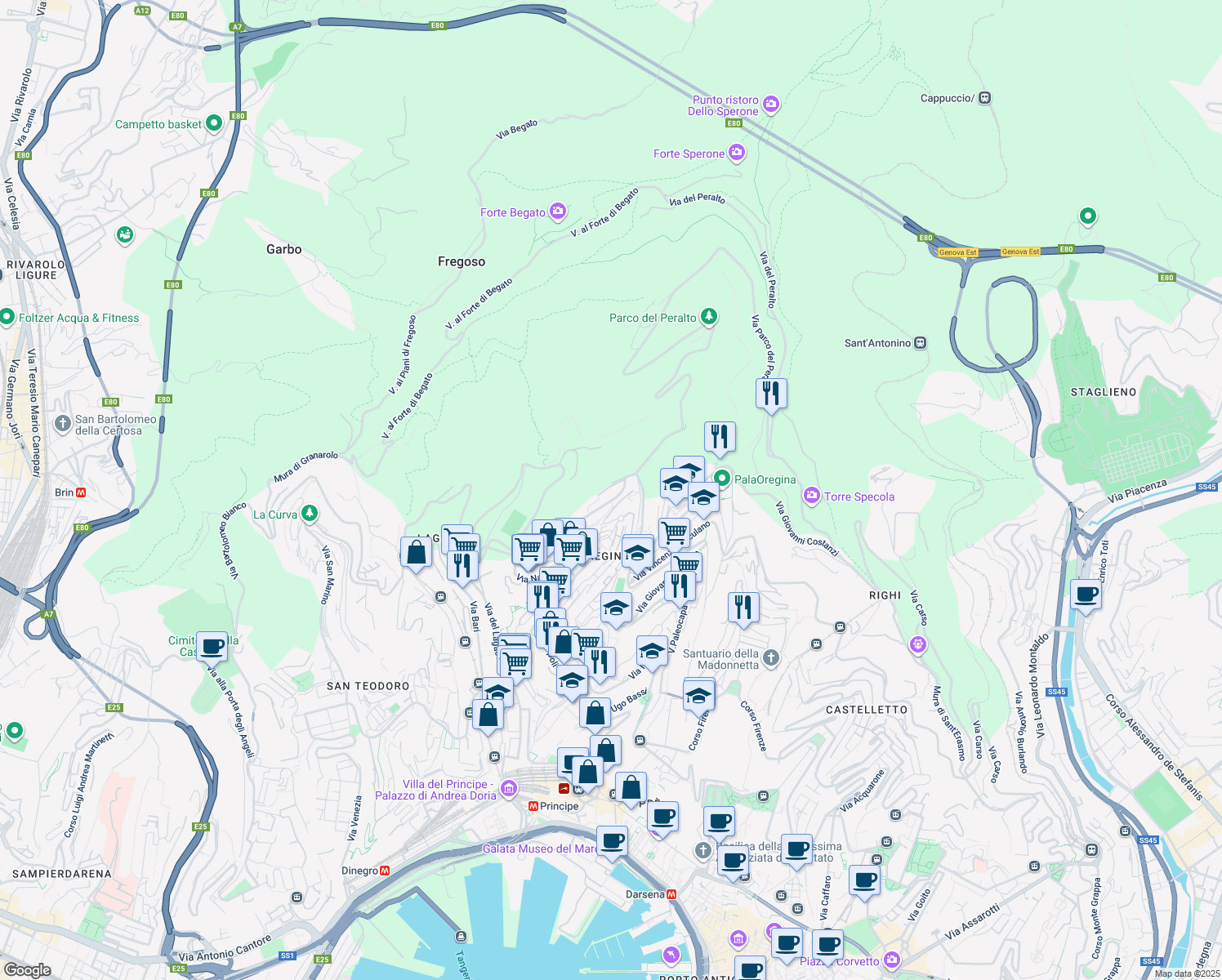 map of restaurants, bars, coffee shops, grocery stores, and more near 54 Via Vesuvio in Genova