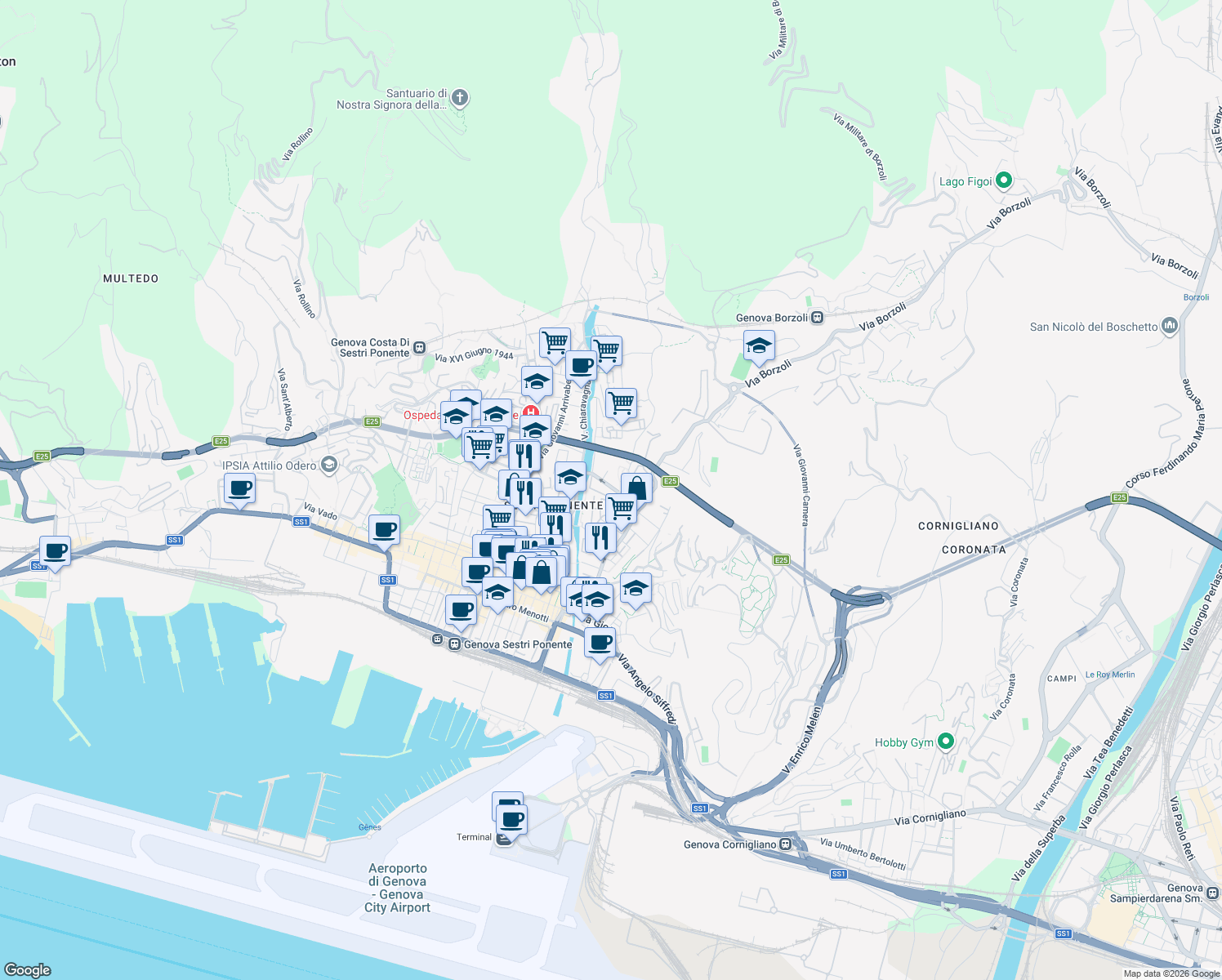 map of restaurants, bars, coffee shops, grocery stores, and more near 5 Via Pier Domenico da Bissone in Genoa