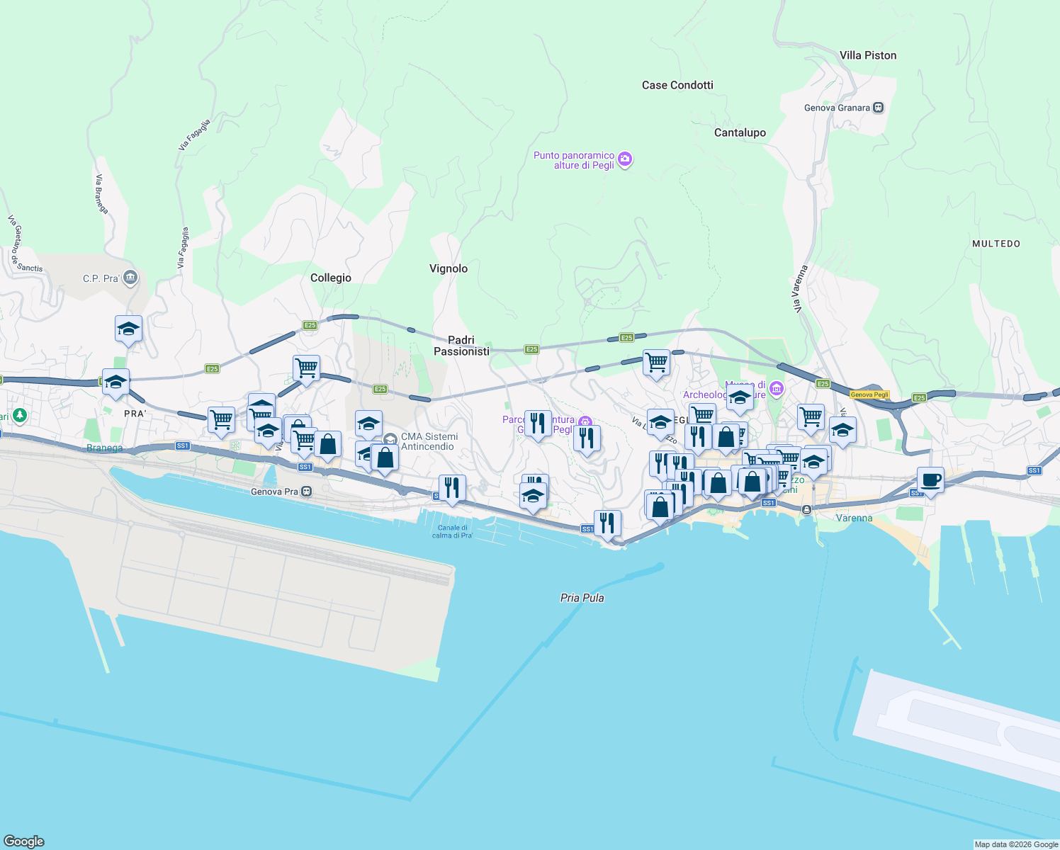 map of restaurants, bars, coffee shops, grocery stores, and more near 26 Via Laviosa in Genova
