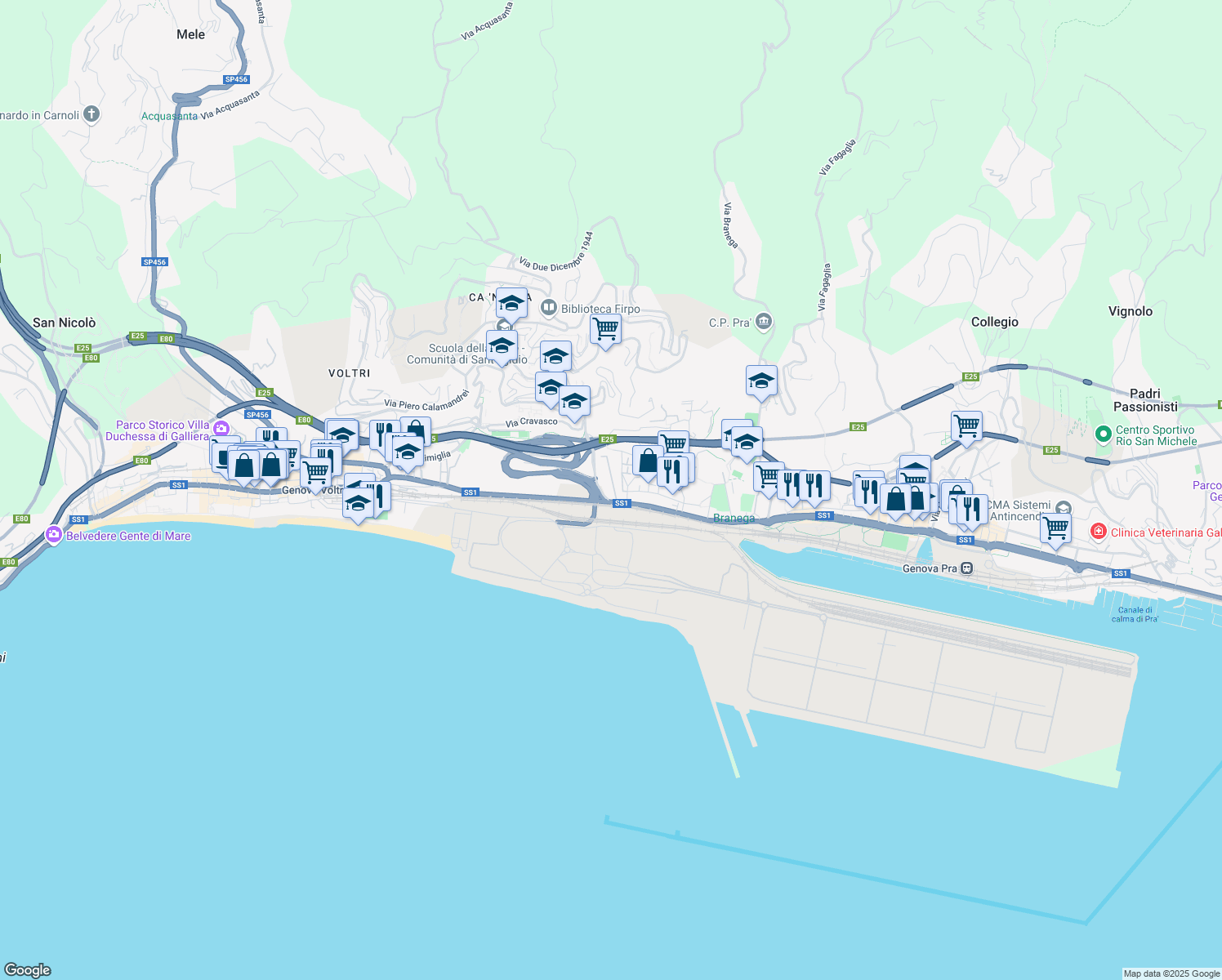 map of restaurants, bars, coffee shops, grocery stores, and more near 18 Via Giacomo Filippo Porrata in Genova