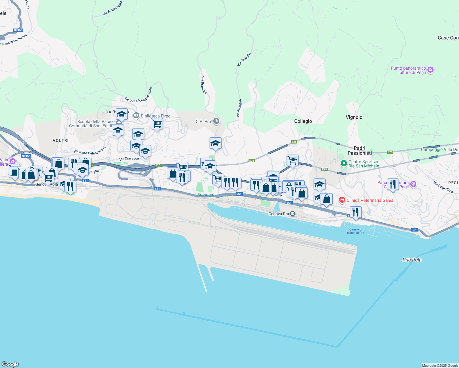 map of restaurants, bars, coffee shops, grocery stores, and more near 73 Via Zuccarello in Genova