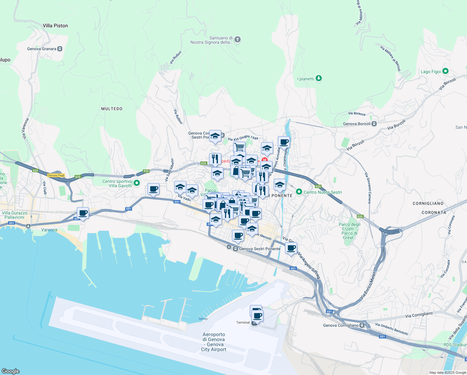 map of restaurants, bars, coffee shops, grocery stores, and more near 1A Via San Giovanni Battista in Genova