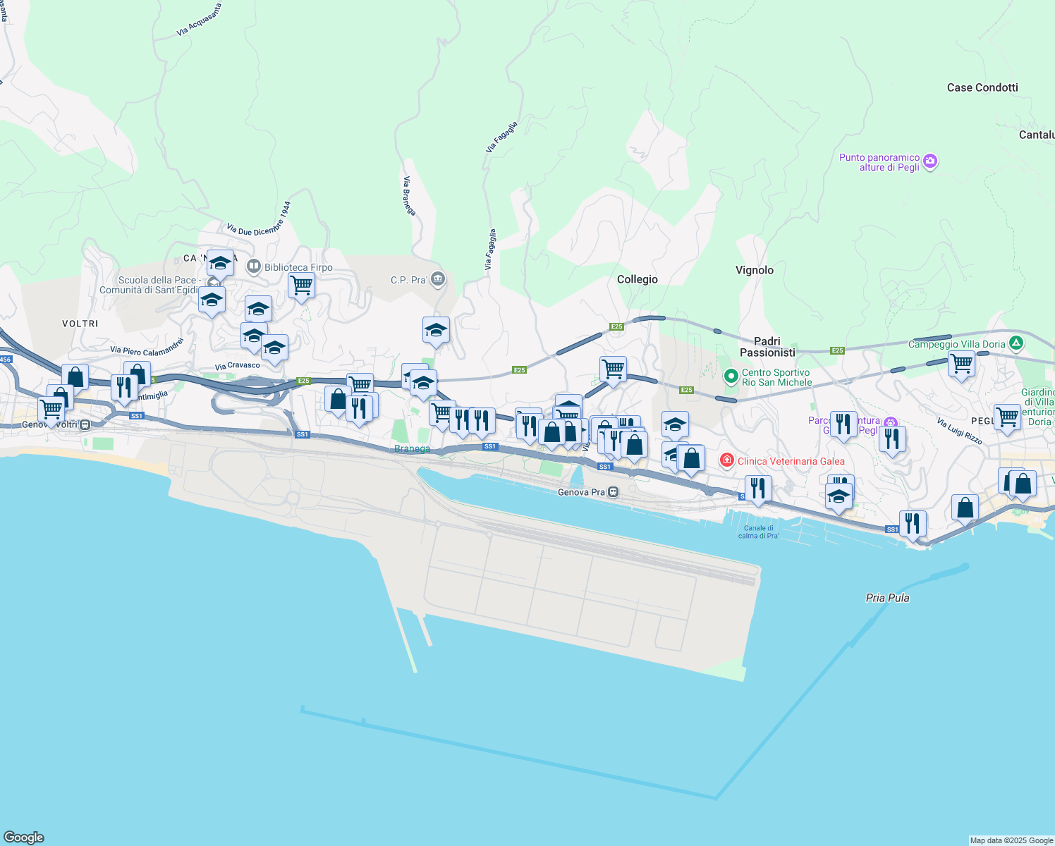 map of restaurants, bars, coffee shops, grocery stores, and more near Via Albenga in Genova