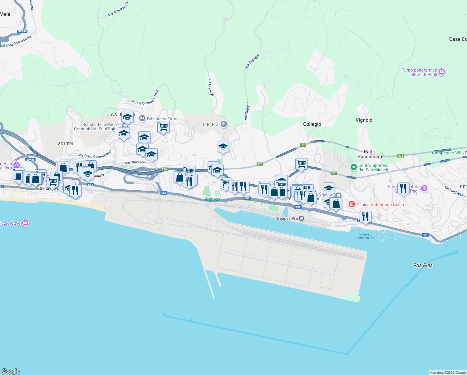 map of restaurants, bars, coffee shops, grocery stores, and more near 73 Via Zuccarello in Genova