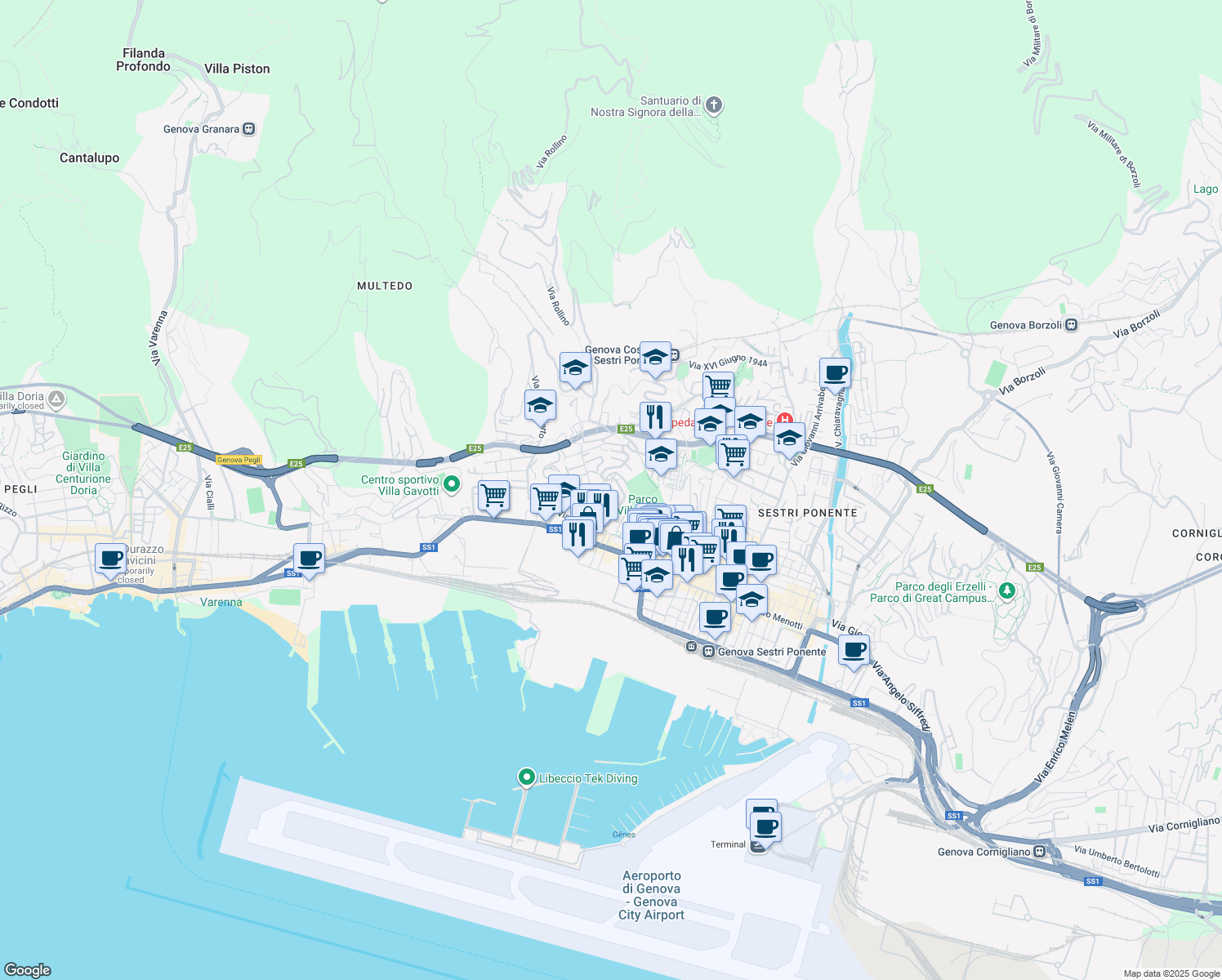 map of restaurants, bars, coffee shops, grocery stores, and more near 9 Via Antonio Manno in Genova