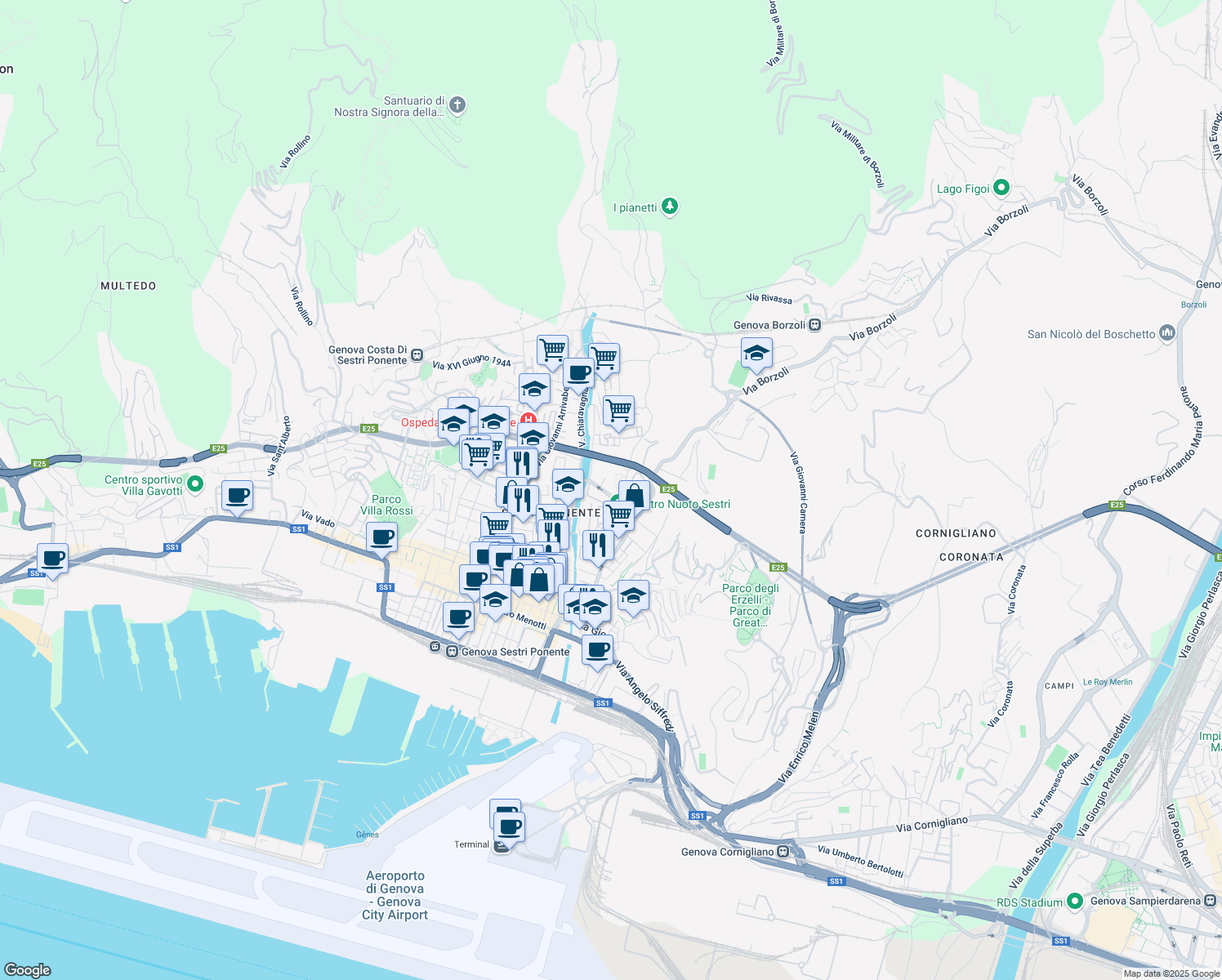 map of restaurants, bars, coffee shops, grocery stores, and more near 5 Via Pier Domenico da Bissone in Genova