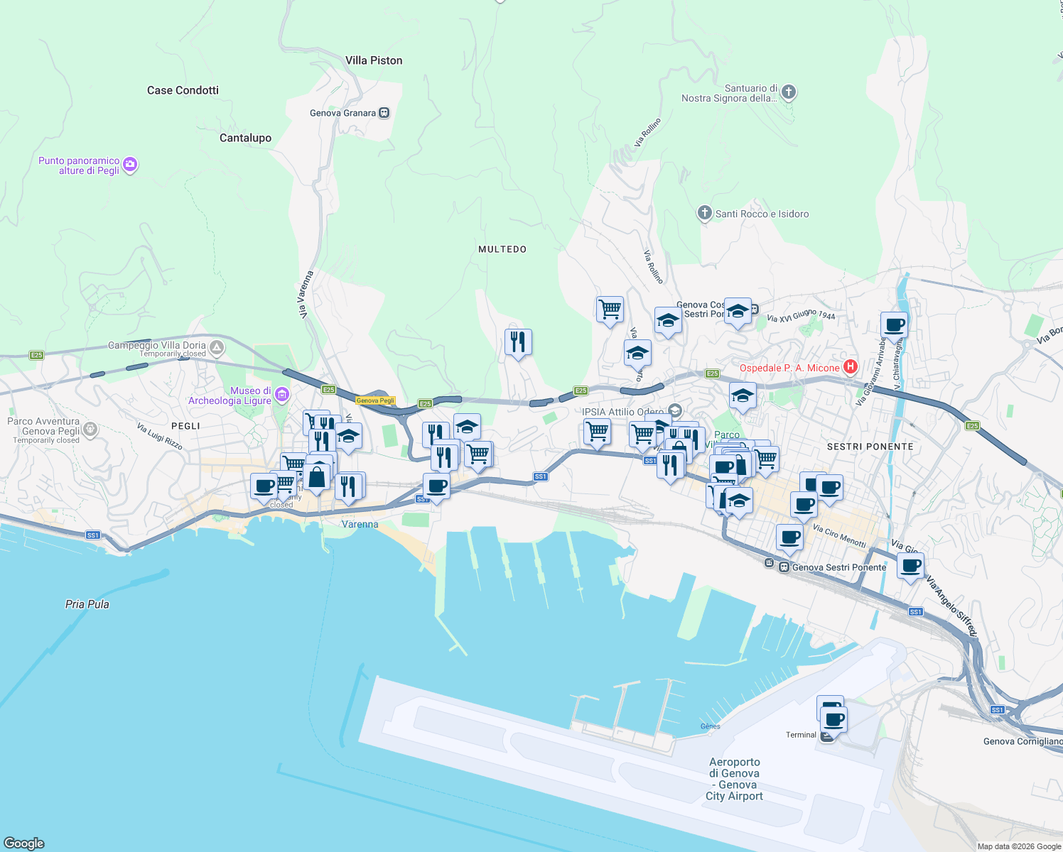 map of restaurants, bars, coffee shops, grocery stores, and more near 3 Via Alberto Picco in Genova