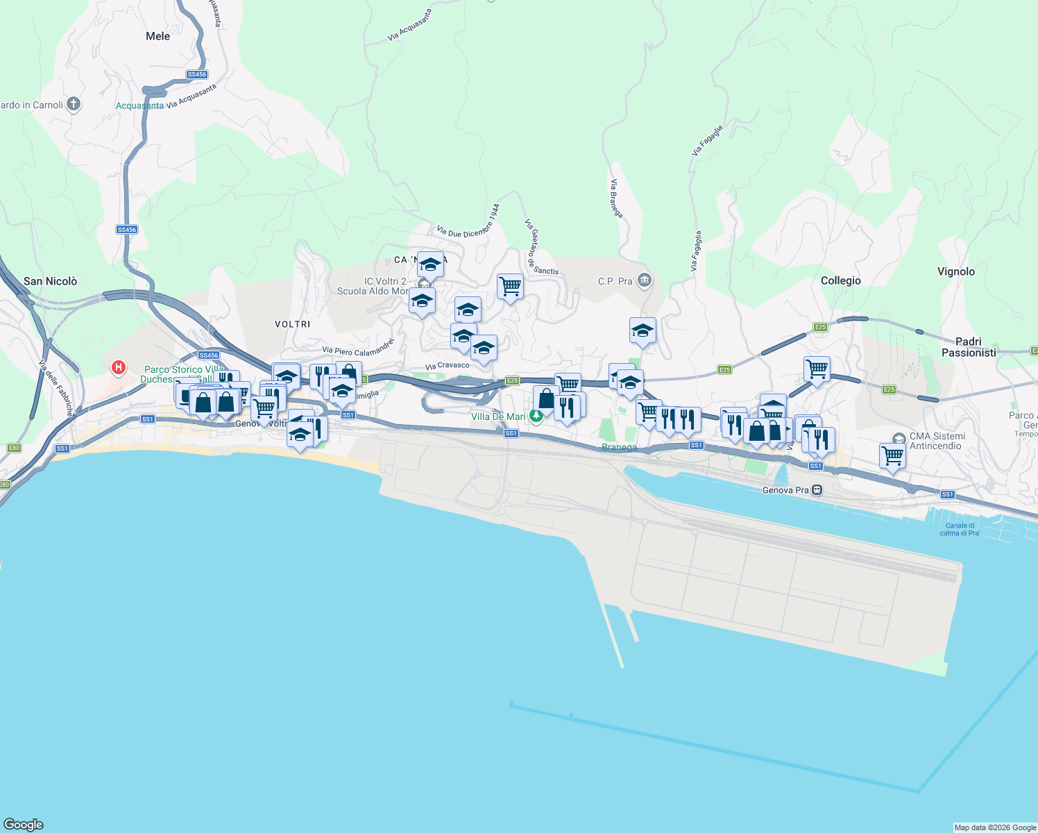 map of restaurants, bars, coffee shops, grocery stores, and more near 18 Via Porrata Giacomo Filippo in Genova