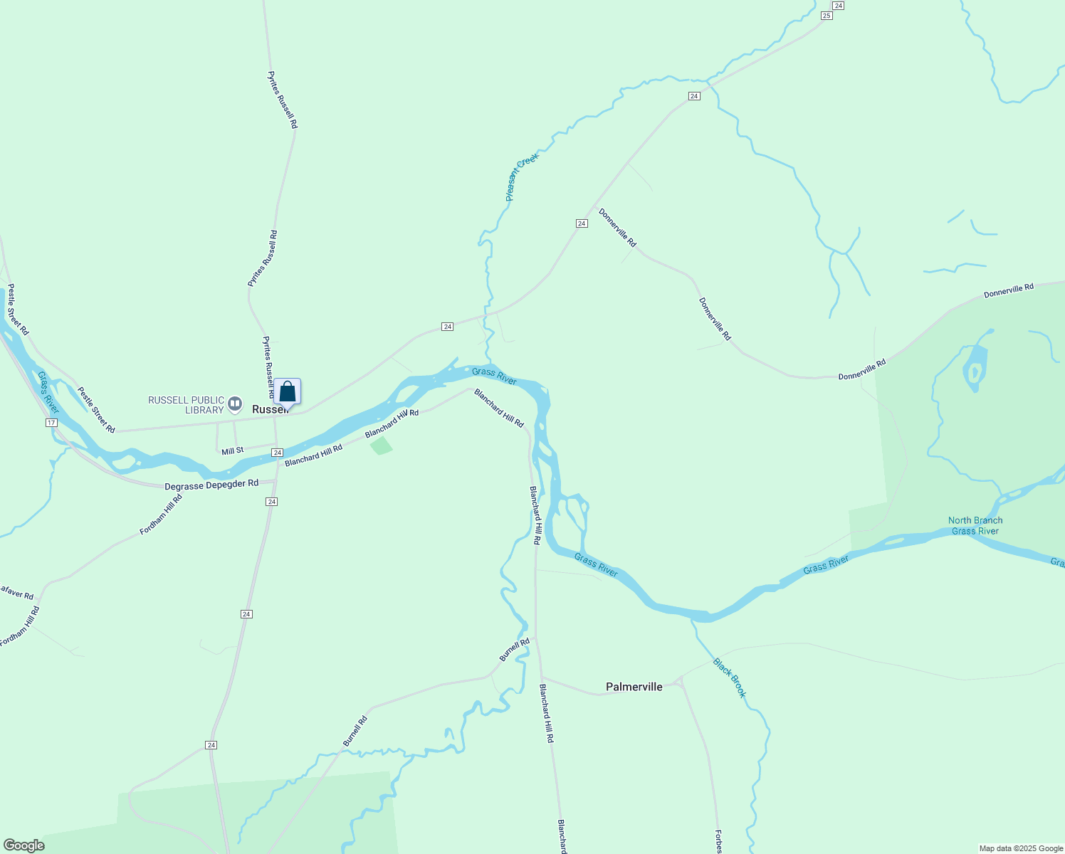 map of restaurants, bars, coffee shops, grocery stores, and more near 716 Blanchard Hill Road in Russell