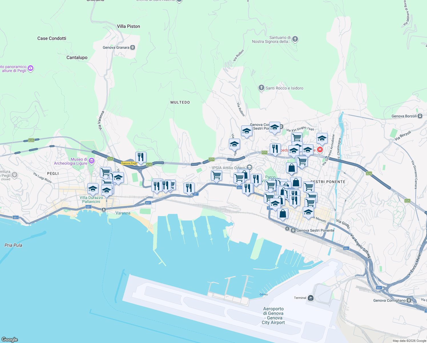 map of restaurants, bars, coffee shops, grocery stores, and more near 2 Via della Insurrezione 23 - 25 Aprile 1945 in Genoa