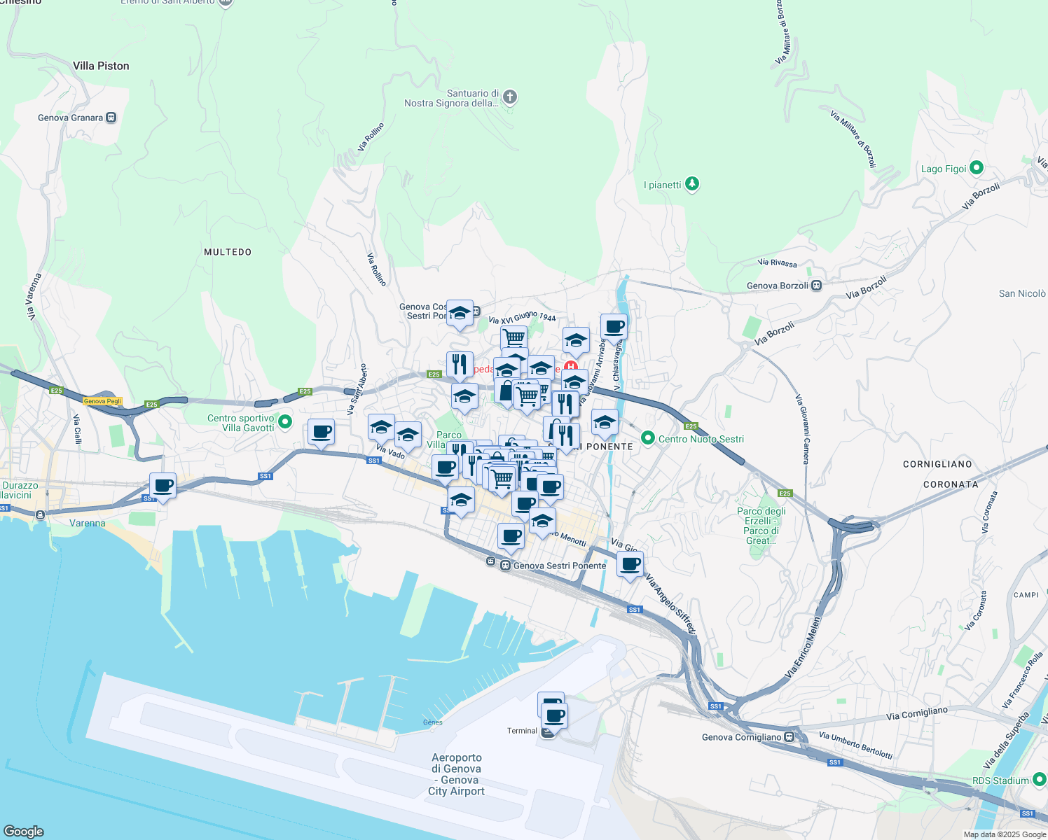 map of restaurants, bars, coffee shops, grocery stores, and more near 14 Via San Luigi in Genoa
