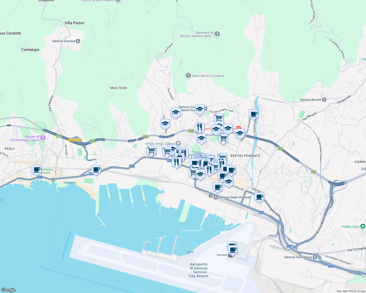 map of restaurants, bars, coffee shops, grocery stores, and more near 9 Via Antonio Manno in Genova