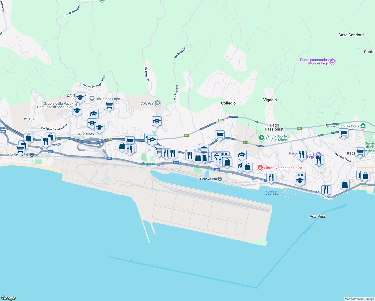 map of restaurants, bars, coffee shops, grocery stores, and more near Via Albenga in Genoa